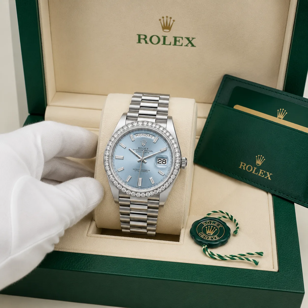 Rolex Day-Date m228206-0002 40mm Blue Dial Diamond-Set Bezel 950 Platinum AI 头图 5 - 包装盒 [ai-shot:box-shot]