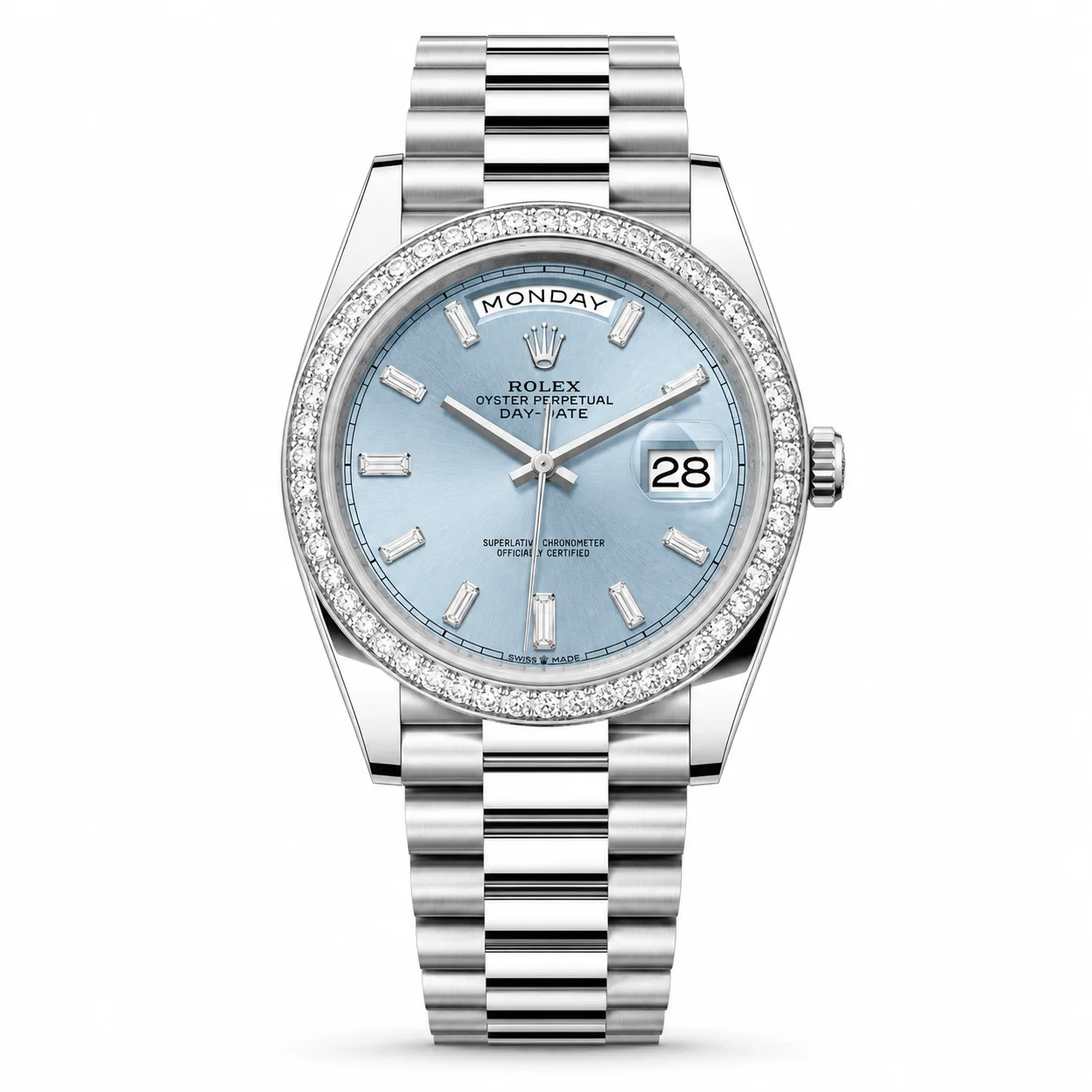 Rolex Day-Date m228206-0002 40mm Blue Dial Diamond-Set Bezel 950 Platinum AI 头图 1 - 白底全貌 [ai-shot:full-white]