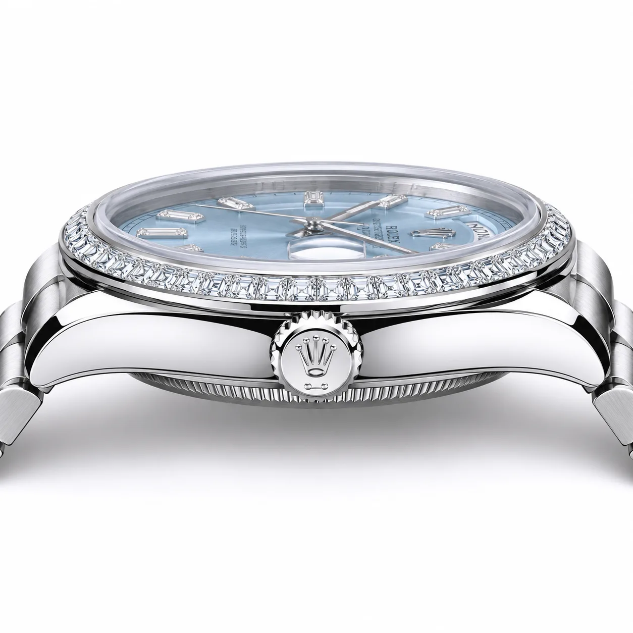 Rolex Day-Date m228206-0002 40mm Blue Dial Diamond-Set Bezel 950 Platinum AI 头图 2 - 侧面细节 [ai-shot:side-detail]