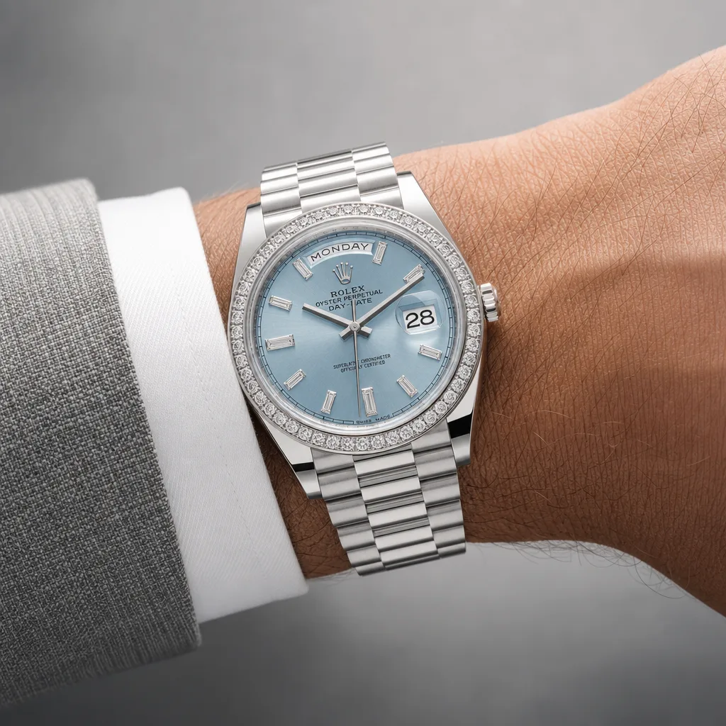 Rolex Day-Date m228206-0002 40mm Blue Dial Diamond-Set Bezel 950 Platinum AI 头图 4 - 佩戴图 [ai-shot:wrist-shot]