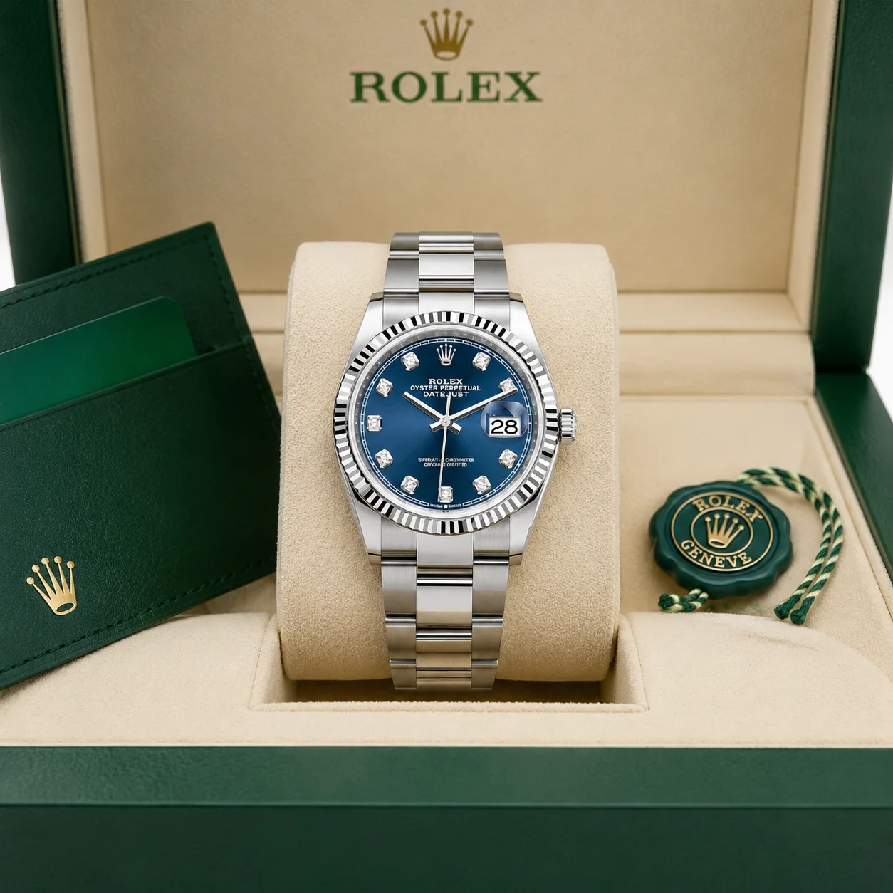 Rolex Datejust m126234-0038 36mm Blue Dial Fluted Bezel 904L Stainless Steel and 18K White Gold AI 头图 5 - 包装盒 [ai-shot:box-shot]