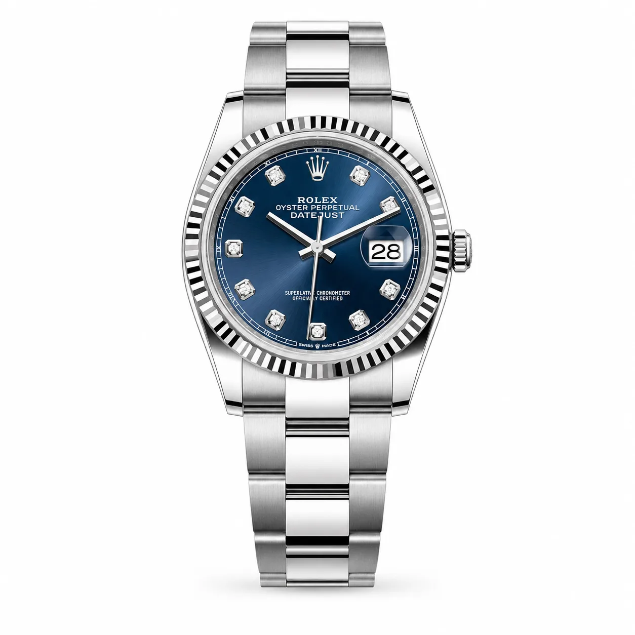 Rolex Datejust m126234-0038 36mm Blue Dial Fluted Bezel 904L Stainless Steel and 18K White Gold AI 头图 1 - 白底全貌 [ai-shot:full-white]