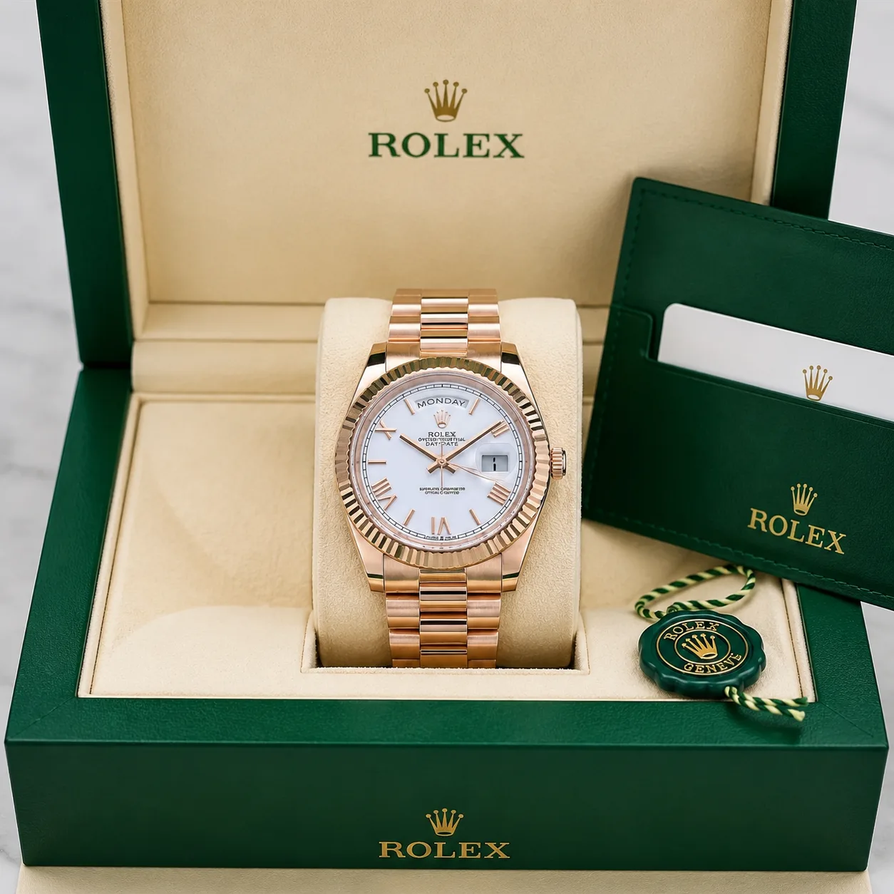 Rolex Day-Date M228235-0032 Cal.3255 Fluted Bezel Everose Gold AI 头图 5 - 包装盒 [ai-shot:box-shot]