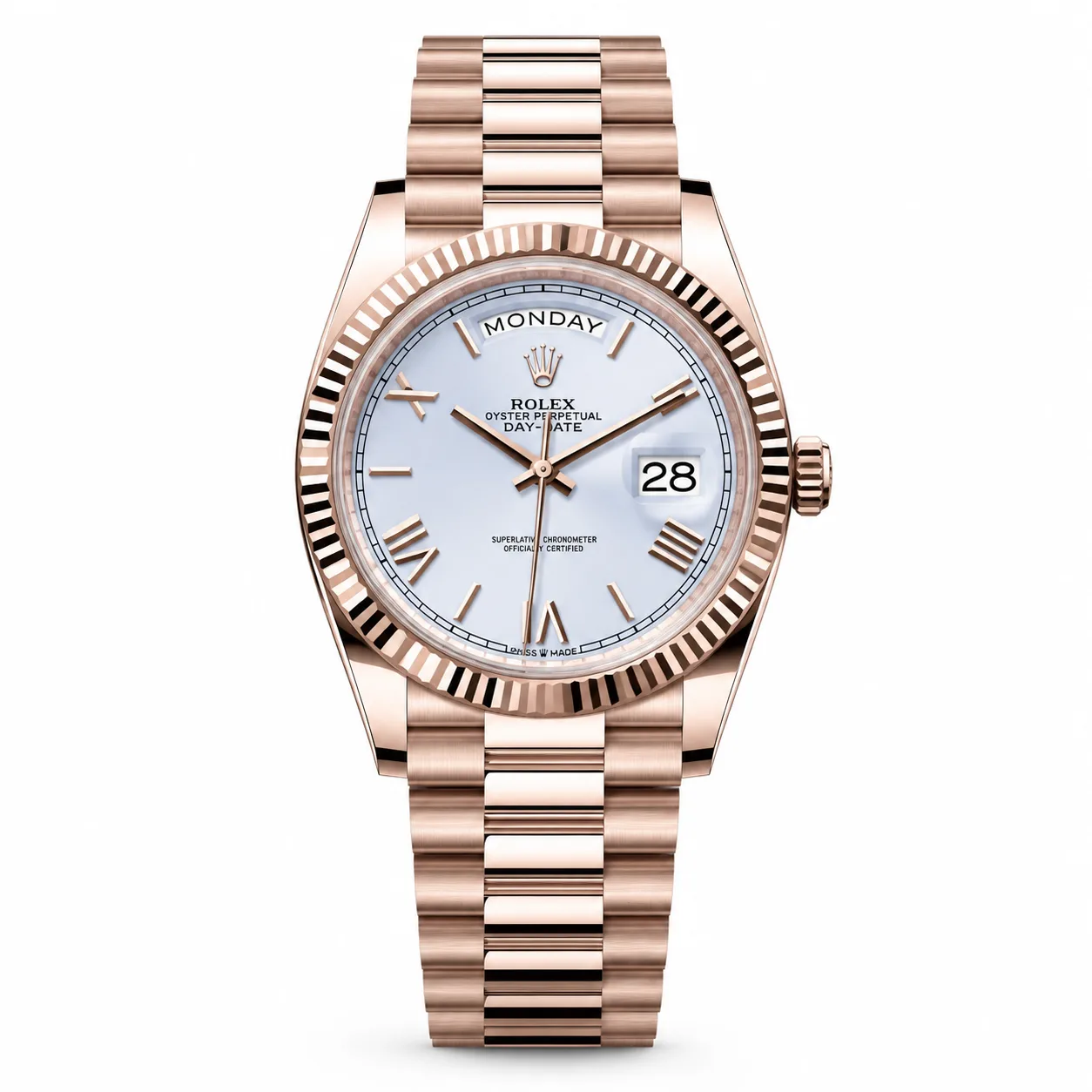 Rolex Day-Date M228235-0032 Cal.3255 Fluted Bezel Everose Gold AI 头图 1 - 白底全貌 [ai-shot:full-white]