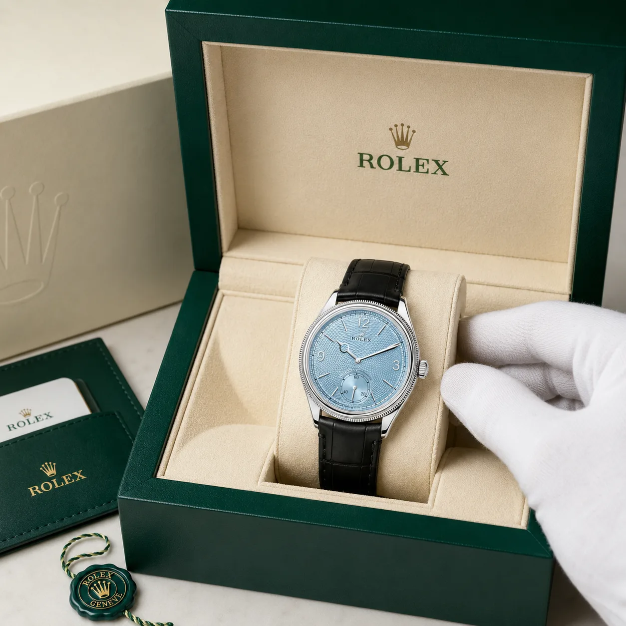 Rolex Day-Date m52506-0003 39mm Blue Dial Fluted Bezel 950 Platinum AI 头图 5 - 包装盒 [ai-shot:box-shot]