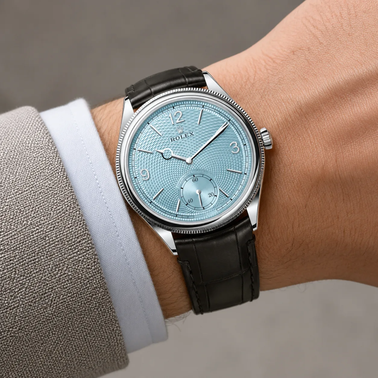 Rolex Day-Date m52506-0003 39mm Blue Dial Fluted Bezel 950 Platinum AI 头图 4 - 佩戴图 [ai-shot:wrist-shot]
