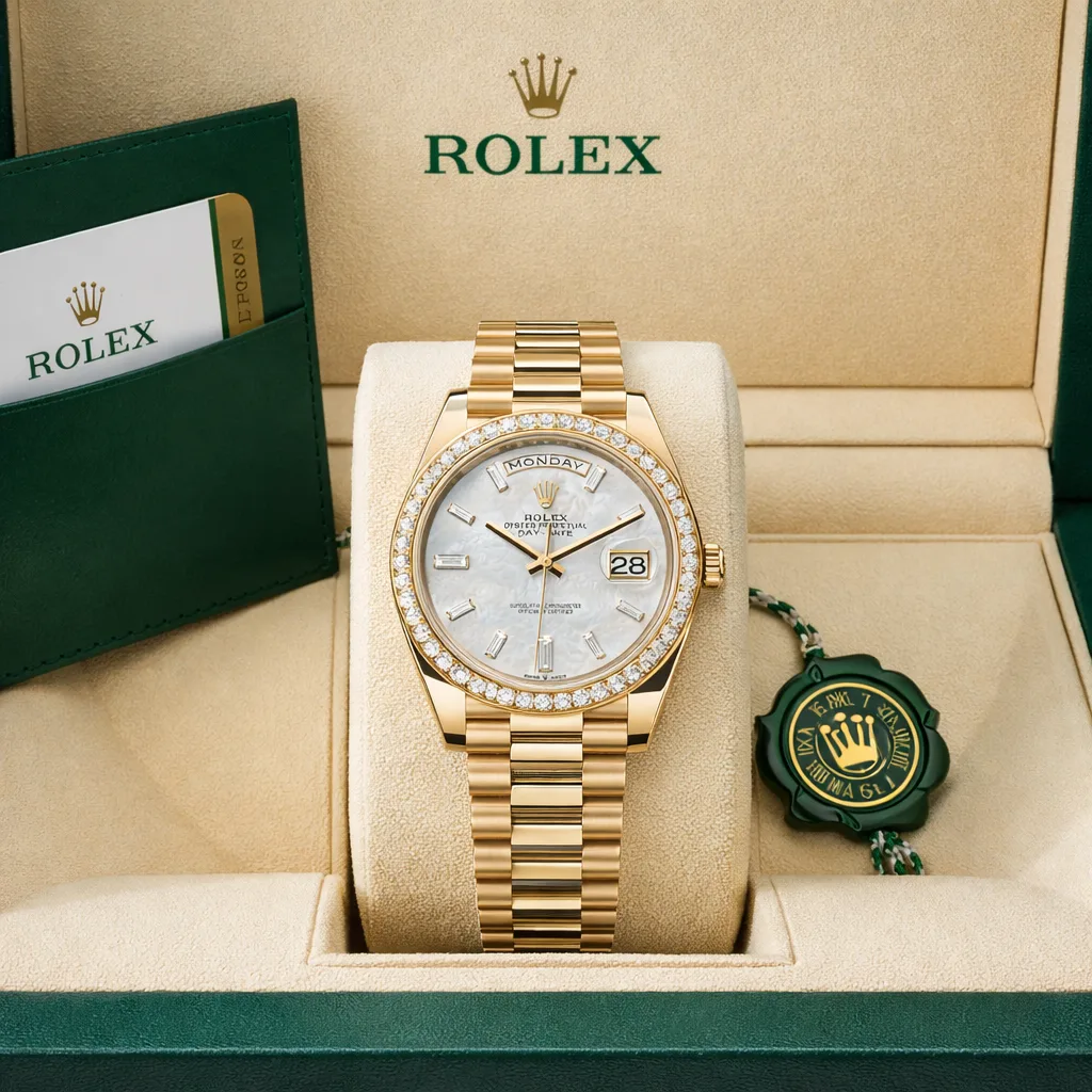 Rolex Day-Date m228348rbr-0046 40mm White Dial Diamond-Set Bezel 18K Yellow Gold AI 头图 5 - 包装盒 [ai-shot:box-shot]