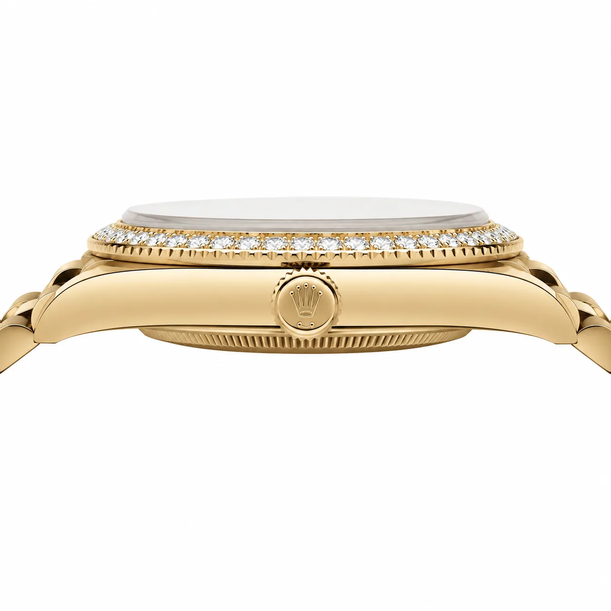 Rolex Day-Date m228348rbr-0046 40mm White Dial Diamond-Set Bezel 18K Yellow Gold AI 头图 2 - 侧面细节 [ai-shot:side-detail]