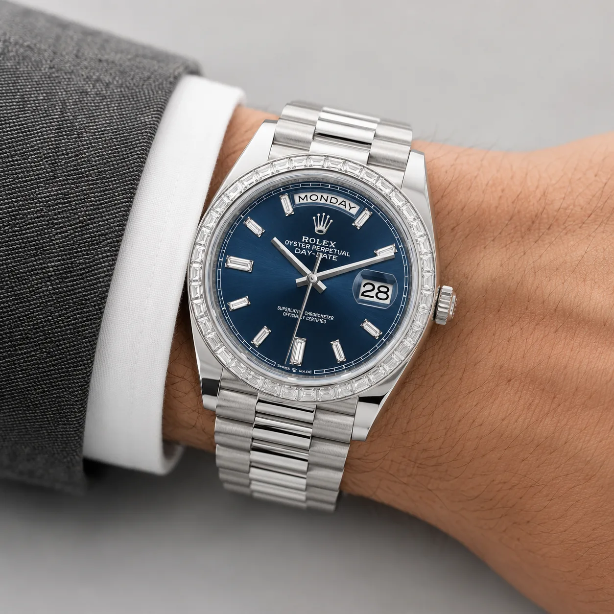 Rolex Day-Date m228396tbr-0012 40mm Blue Dial T 950 Platinum AI 头图 4 - 佩戴图 [ai-shot:wrist-shot]