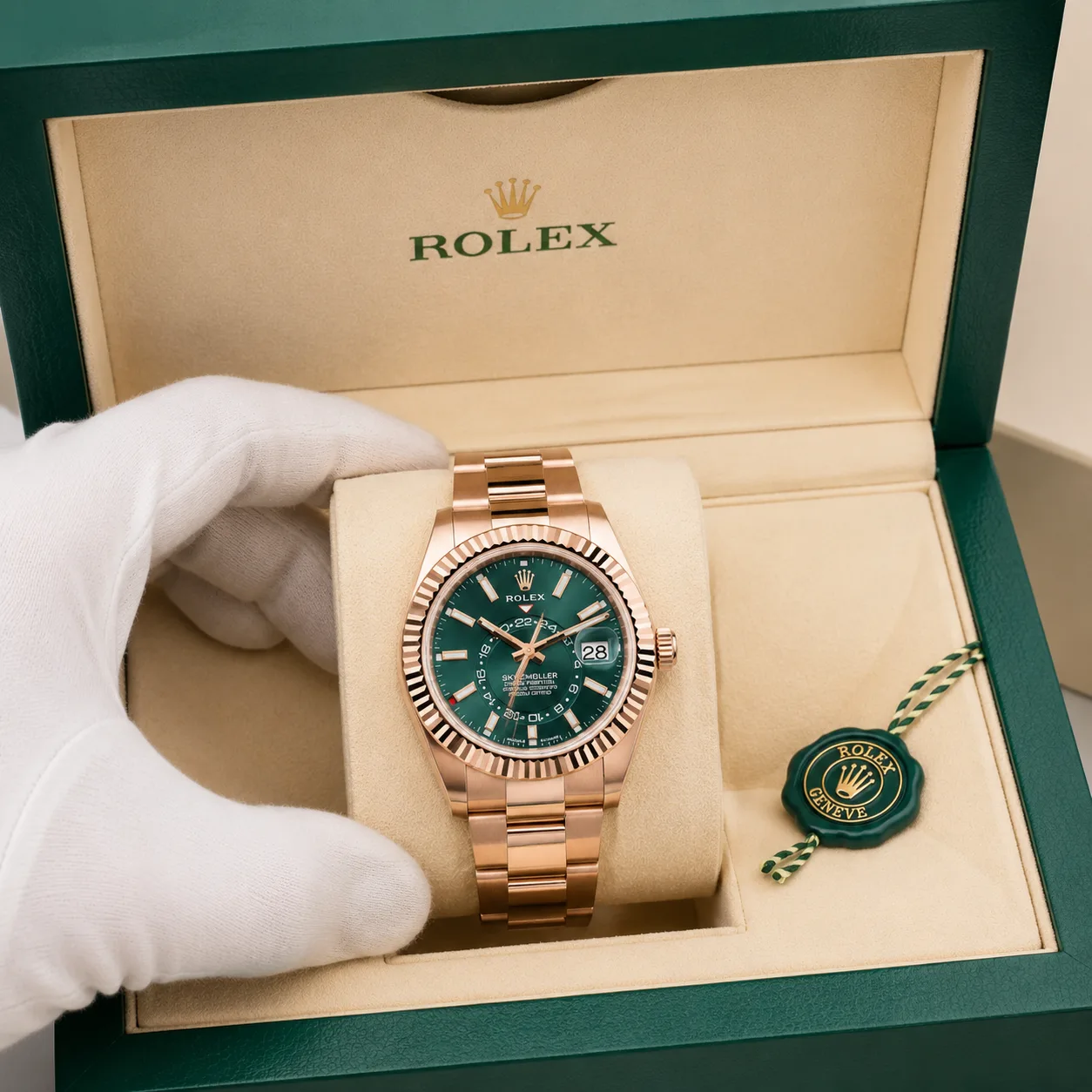 Rolex Sky-Dweller m336935-0001 42mm Green Dial Fluted Bezel 18K Everose Gold AI 头图 5 - 包装盒 [ai-shot:box-shot]