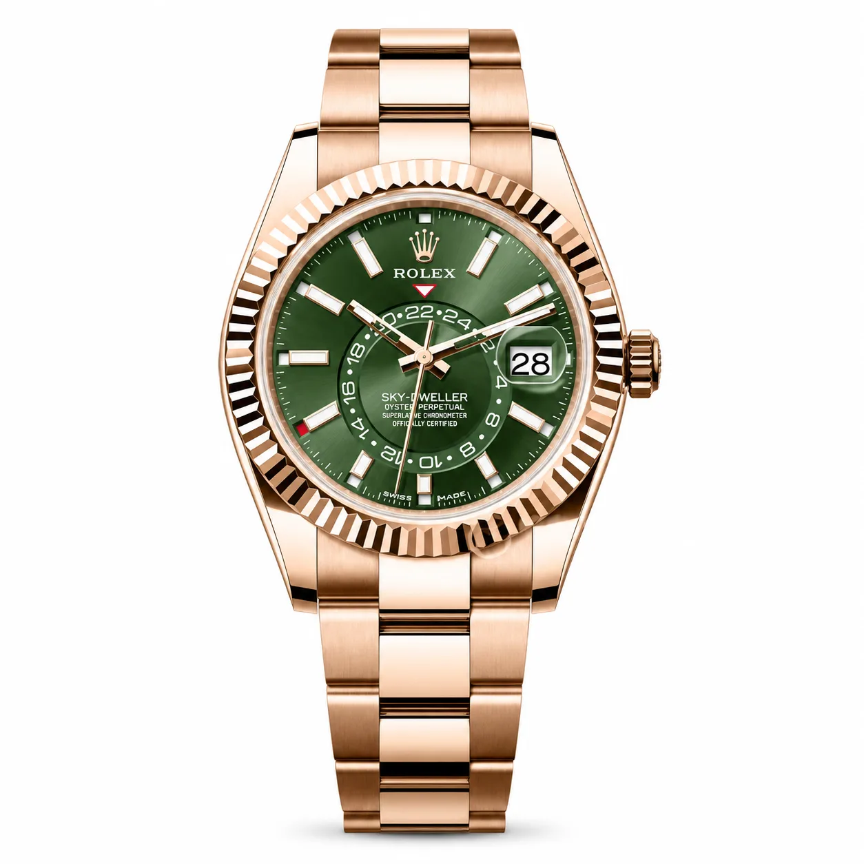 Rolex Sky-Dweller m336935-0001 42mm Green Dial Fluted Bezel 18K Everose Gold AI 头图 1 - 白底全貌 [ai-shot:full-white]