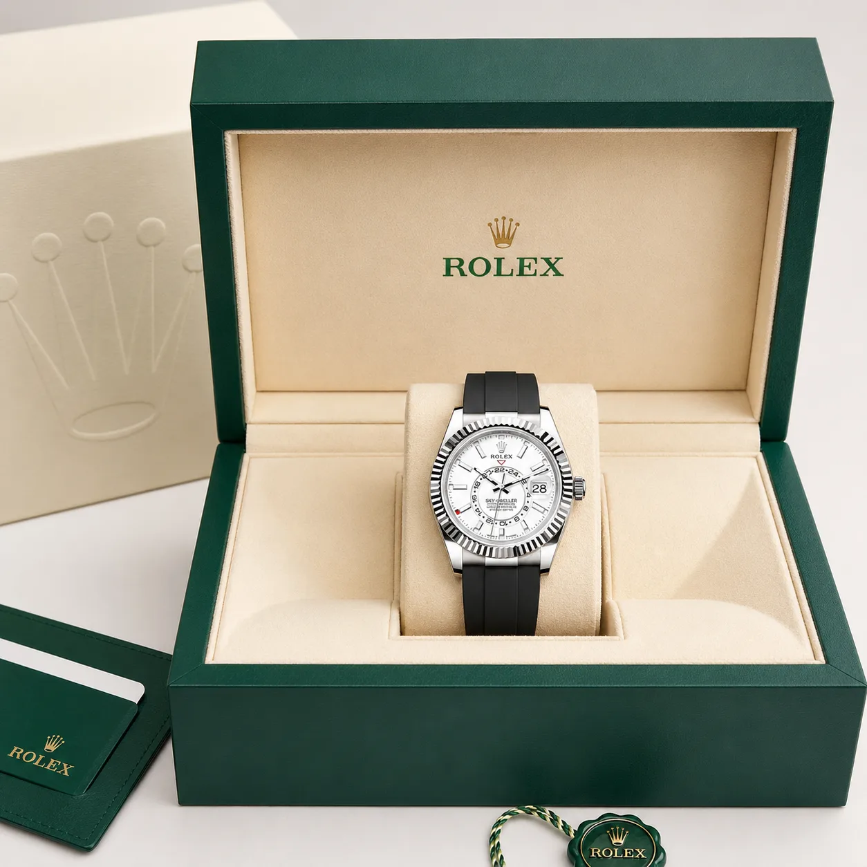 Rolex Sky-Dweller m336239-0003 42mm White Dial Fluted Bezel 18K White Gold AI 头图 5 - 包装盒 [ai-shot:box-shot]