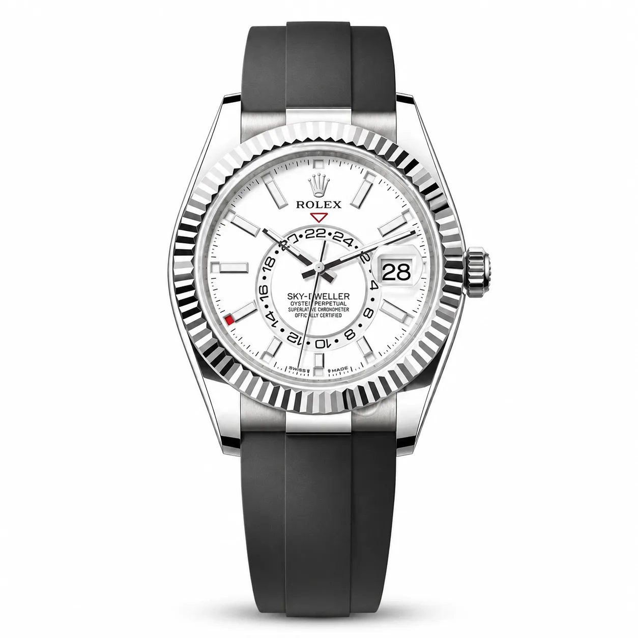 Rolex Sky-Dweller m336239-0003 42mm White Dial Fluted Bezel 18K White Gold AI 头图 1 - 白底全貌 [ai-shot:full-white]