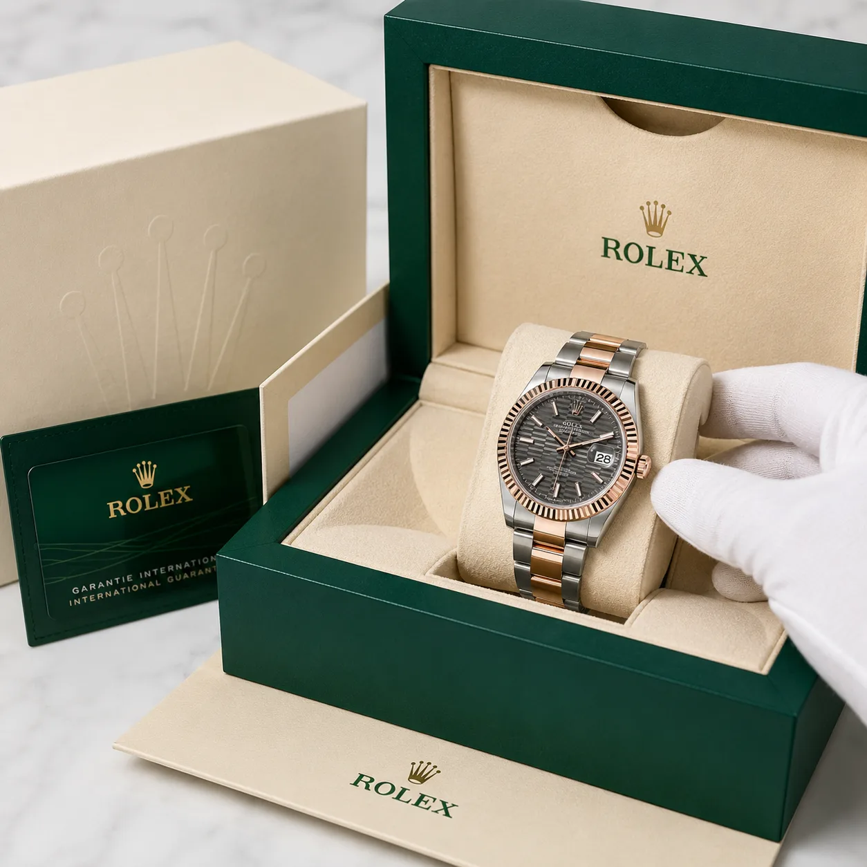 Rolex Datejust m126331-0019 41mm Black Dial Fluted Bezel 904L Stainless Steel and 18K Everose Gold AI 头图 5 - 包装盒 [ai-shot:box-shot]