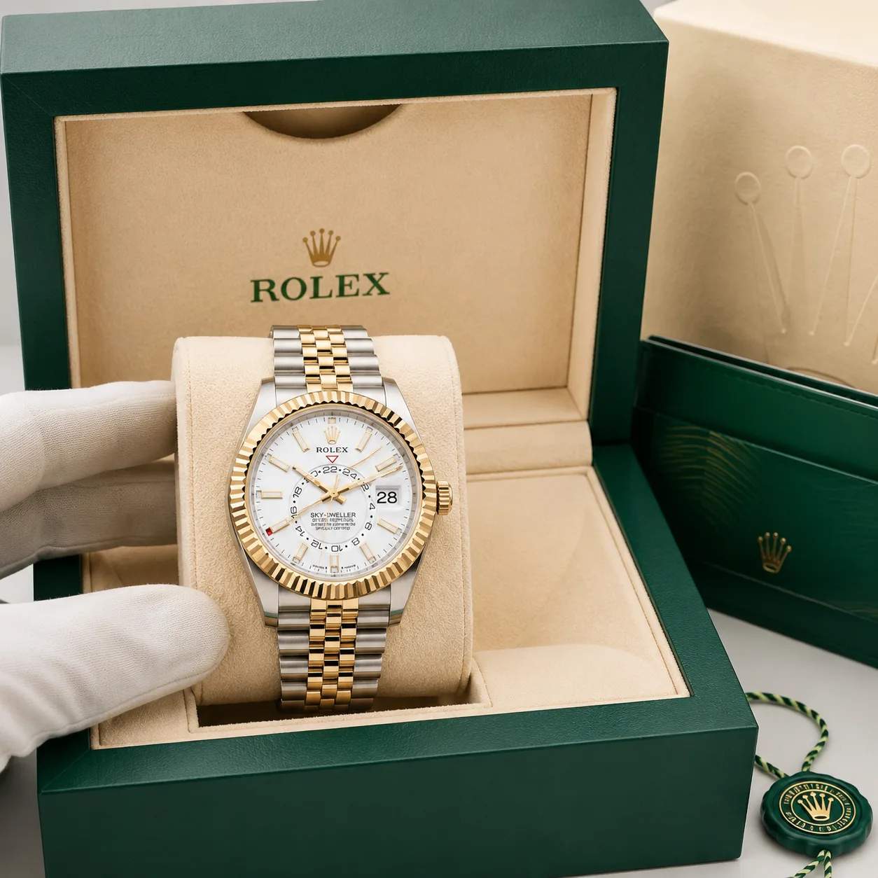 Rolex Sky-Dweller m336933-0002 42mm White Dial Fluted Bezel 904L Stainless Steel and 18K Yellow Gold AI 头图 5 - 包装盒 [ai-shot:box-shot]