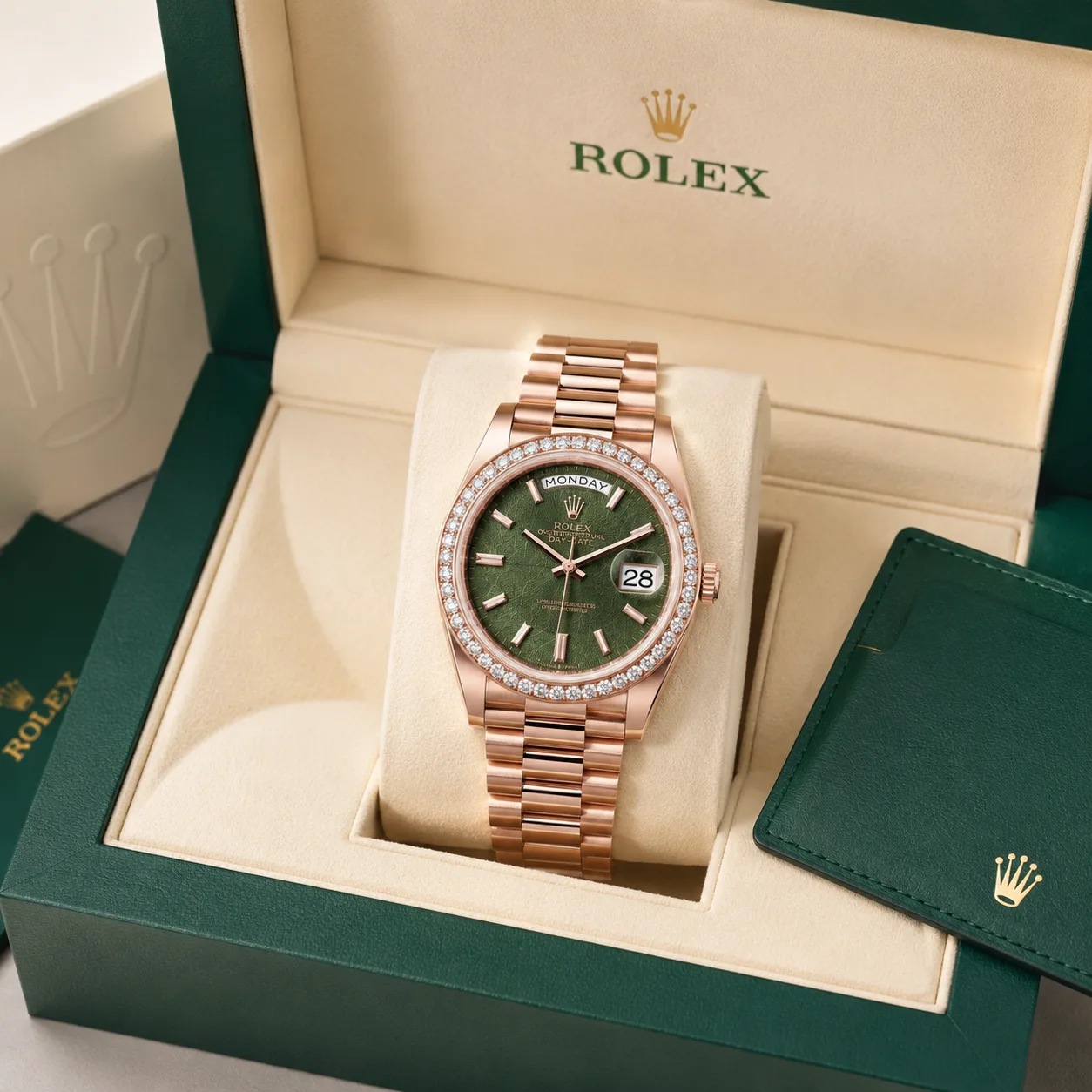 Rolex Day-Date m228345rbr-0016 40mm Green Dial Diamond-Set Bezel 18K Everose Gold AI 头图 5 - 包装盒 [ai-shot:box-shot]