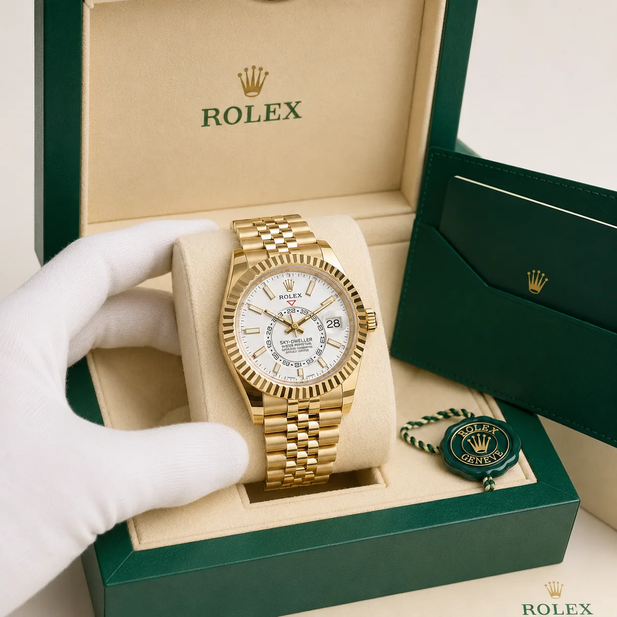 Rolex Sky-Dweller m336938-0006 42mm White Dial Fluted Bezel 18K Yellow Gold AI 头图 5 - 包装盒 [ai-shot:box-shot]