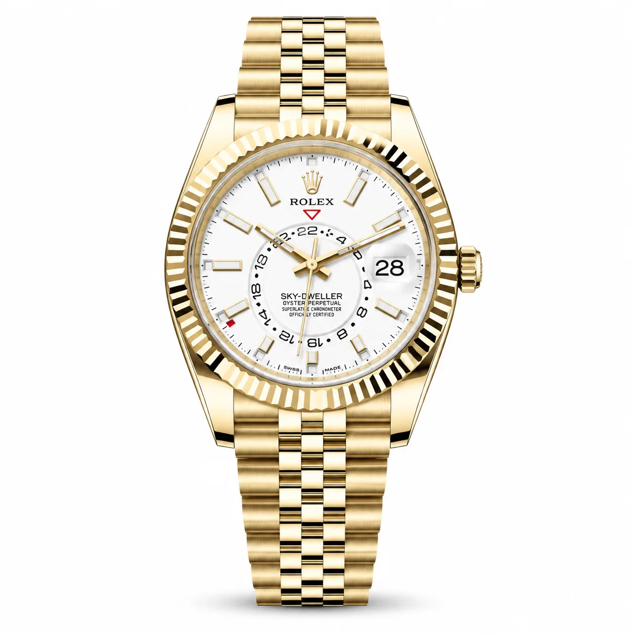 Rolex Sky-Dweller m336938-0006 42mm White Dial Fluted Bezel 18K Yellow Gold AI 头图 1 - 白底全貌 [ai-shot:full-white]