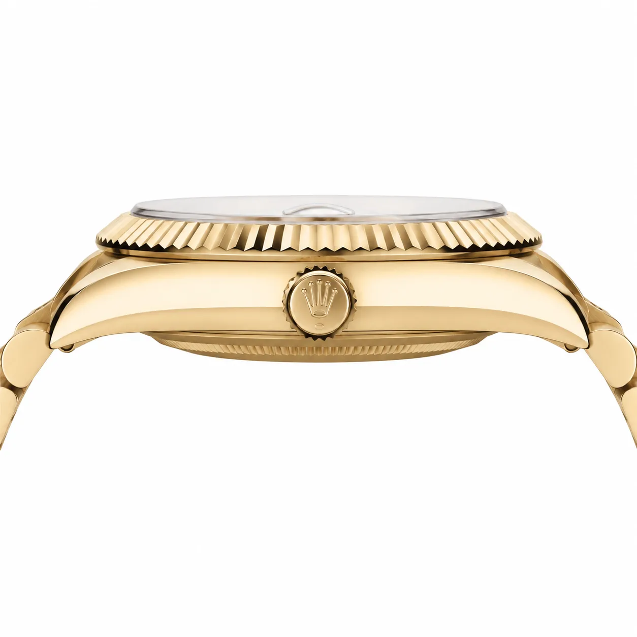 Rolex Sky-Dweller m336938-0006 42mm White Dial Fluted Bezel 18K Yellow Gold AI 头图 2 - 侧面细节 [ai-shot:side-detail]