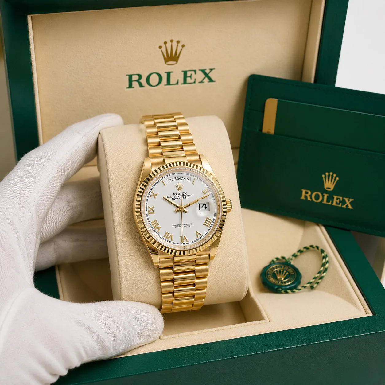 Rolex Day-Date m128238-0076 36mm White Dial Fluted Bezel 18K Yellow Gold AI 头图 5 - 包装盒 [ai-shot:box-shot]