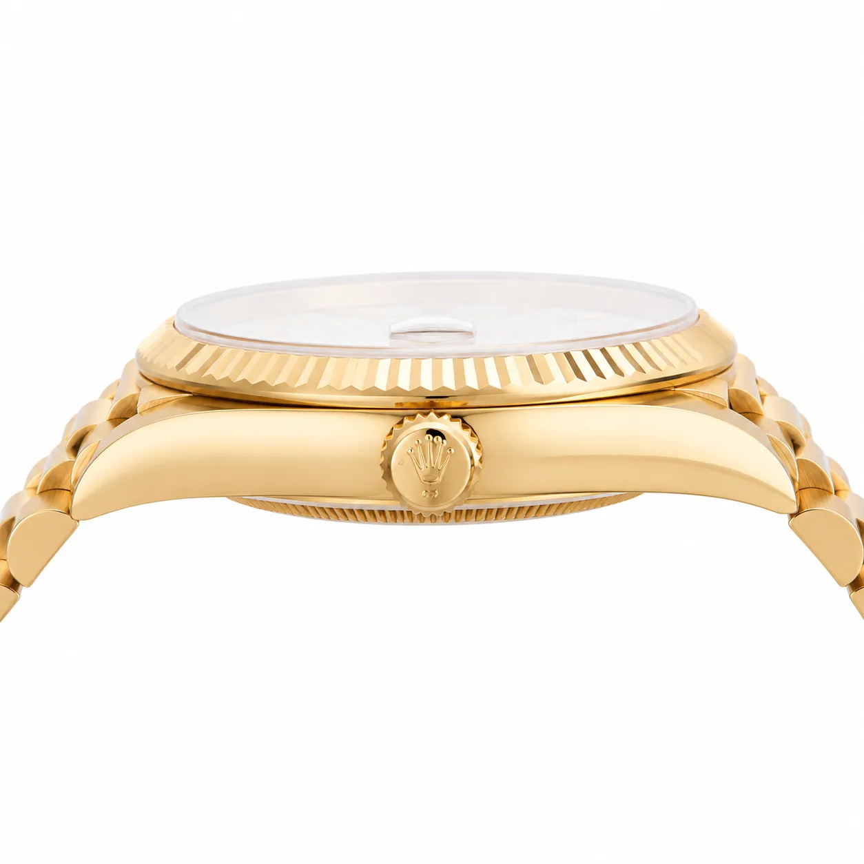 Rolex Day-Date m128238-0076 36mm White Dial Fluted Bezel 18K Yellow Gold AI 头图 2 - 侧面细节 [ai-shot:side-detail]