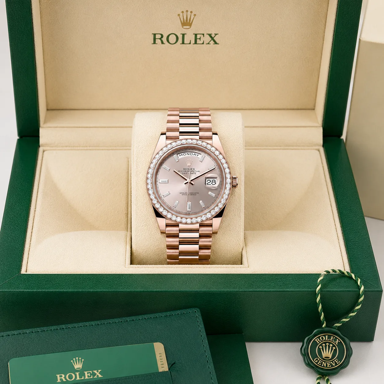 Rolex Day-Date m228345rbr-0007 40mm Cal.3255 18K Everose Gold AI 头图 5 - 包装盒 [ai-shot:box-shot]