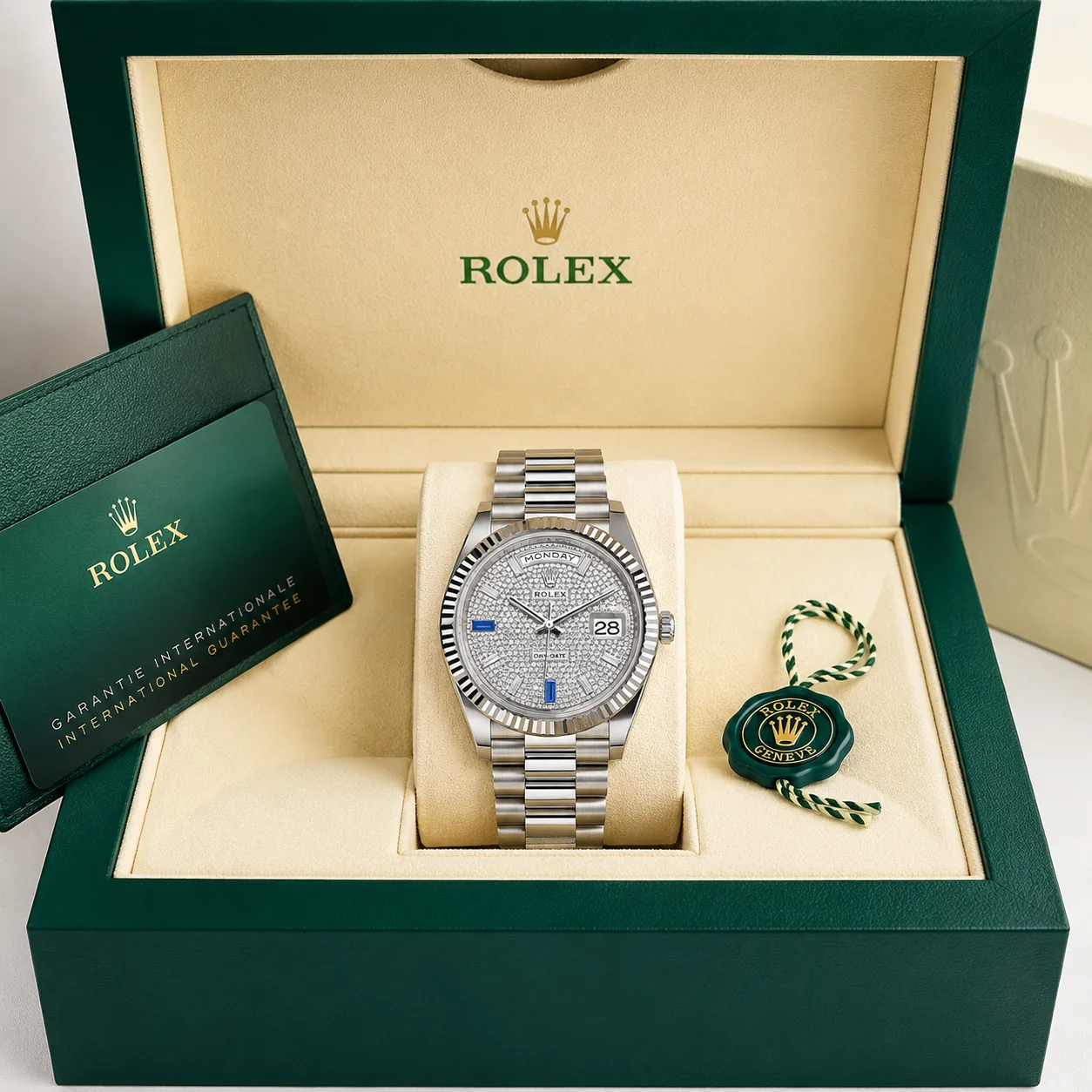 Rolex Day-Date m228239-0049 40mm Silver Dial Fluted Bezel 18K White Gold AI 头图 5 - 包装盒 [ai-shot:box-shot]