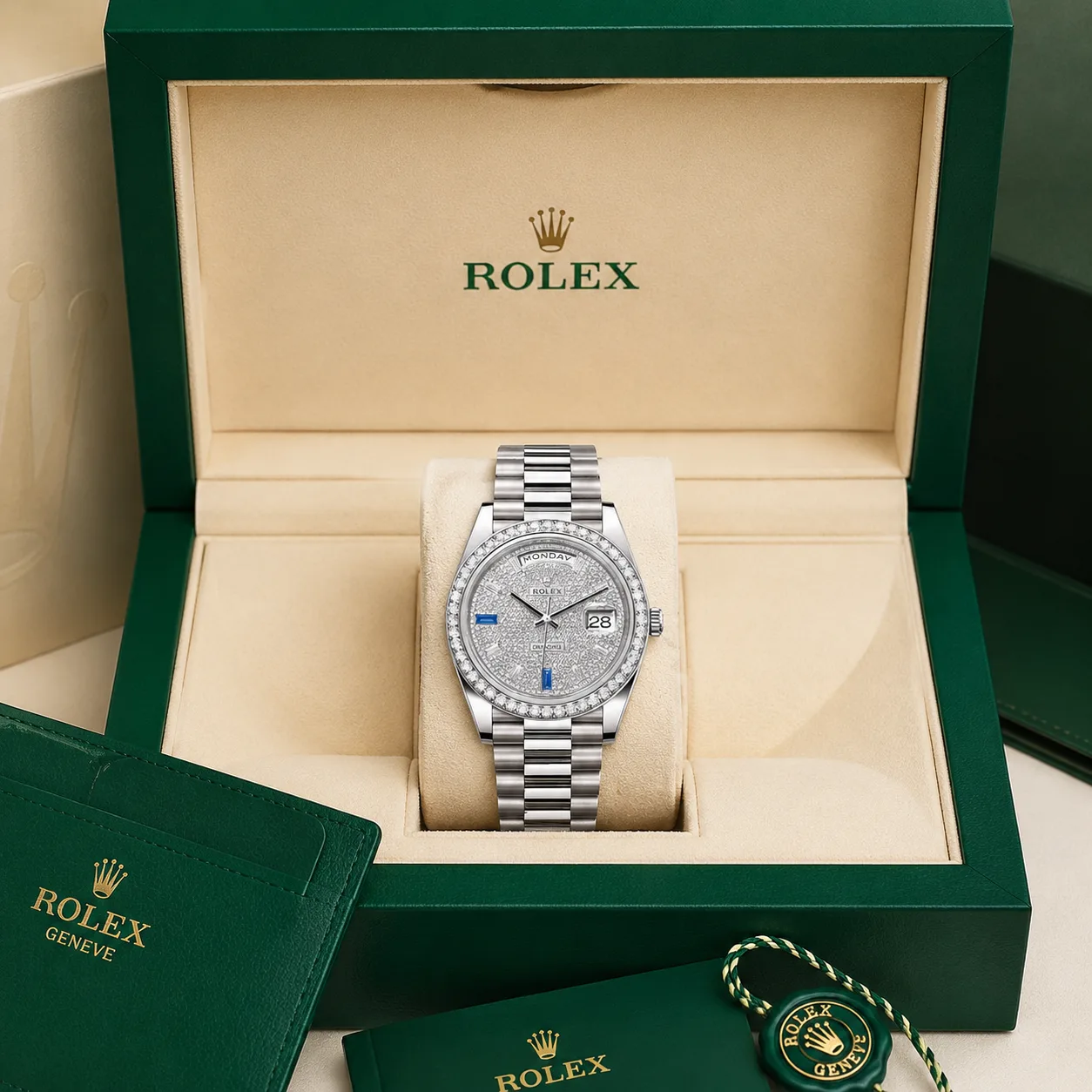 Rolex Day-Date m228349rbr-0036 40mm White Dial Fluted Bezel 18K White Gold AI 头图 5 - 包装盒 [ai-shot:box-shot]