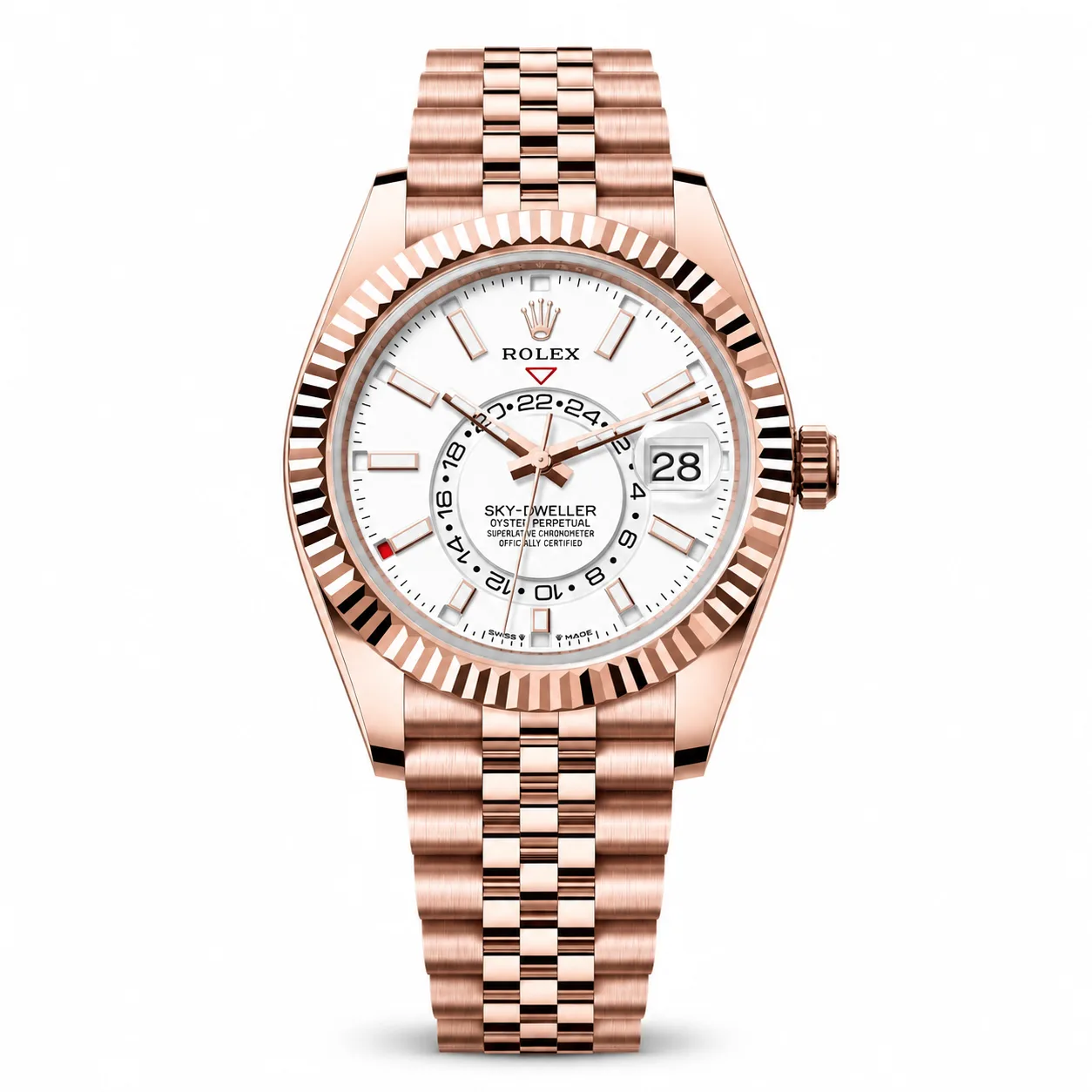 Rolex Sky-Dweller m336935-0007 42mm White Dial Fluted Bezel 18K Everose Gold AI 头图 1 - 白底全貌 [ai-shot:full-white]
