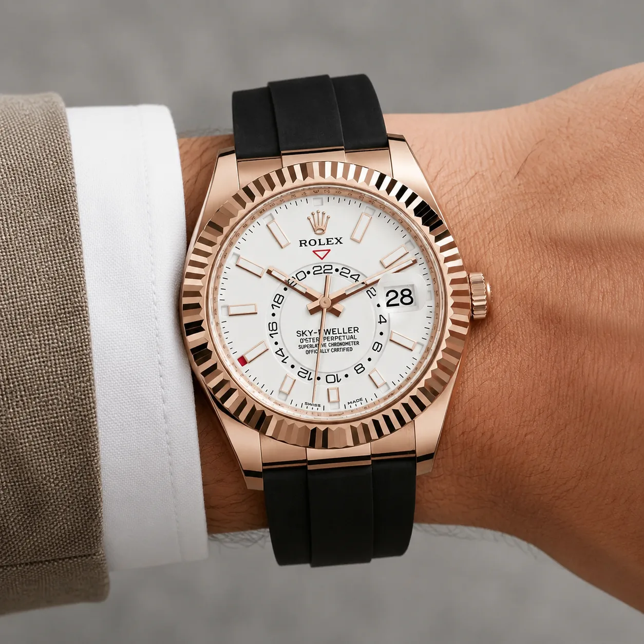 Rolex Sky-Dweller m326235-0004 42mm Cal.9001 18K Everose Gold AI 头图 4 - 佩戴图 [ai-shot:wrist-shot]