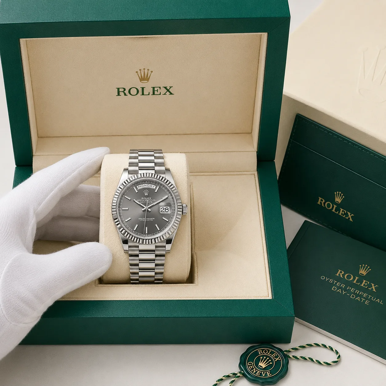 Rolex Day-Date m228236-0013 40mm Silver Dial Fluted Bezel 950 Platinum AI 头图 5 - 包装盒 [ai-shot:box-shot]