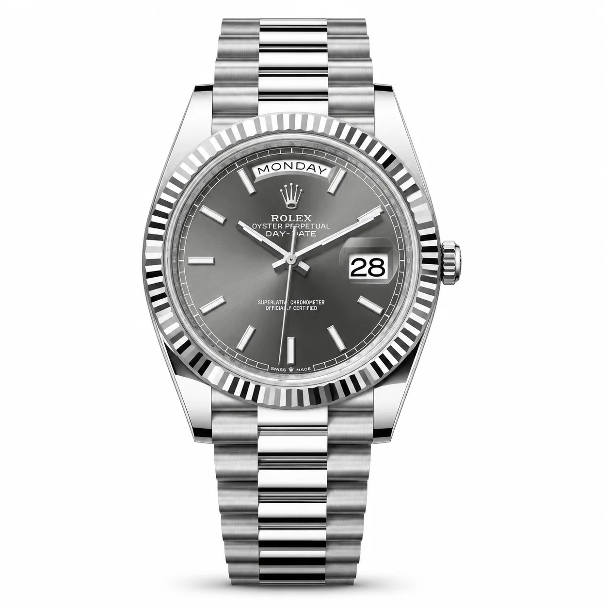Rolex Day-Date m228236-0013 40mm Silver Dial Fluted Bezel 950 Platinum AI 头图 1 - 白底全貌 [ai-shot:full-white]