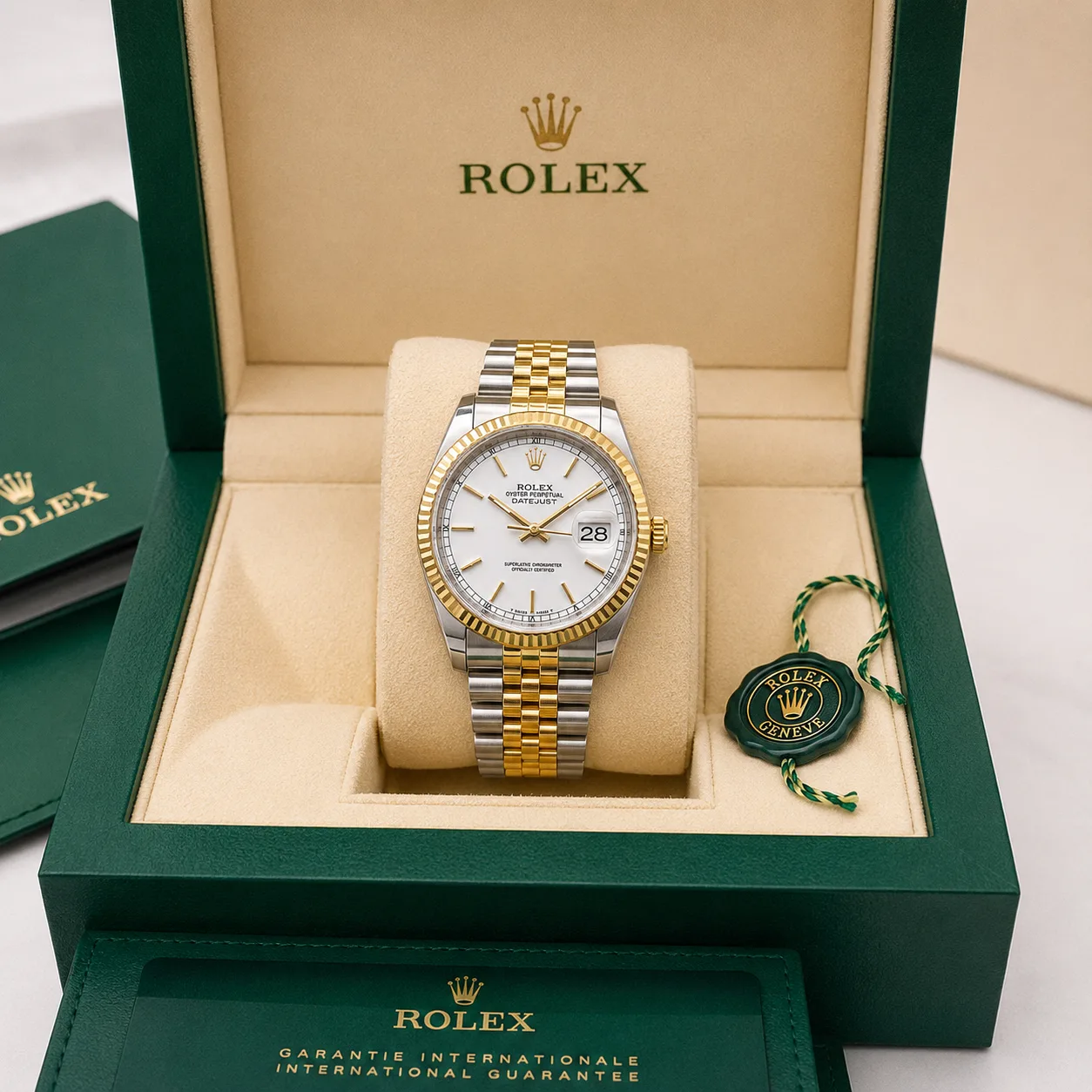 Rolex Day-Date m126233-0038 36mm White Dial Fluted Bezel 904L Stainless Steel and 18K Yellow Gold AI 头图 5 - 包装盒 [ai-shot:box-shot]