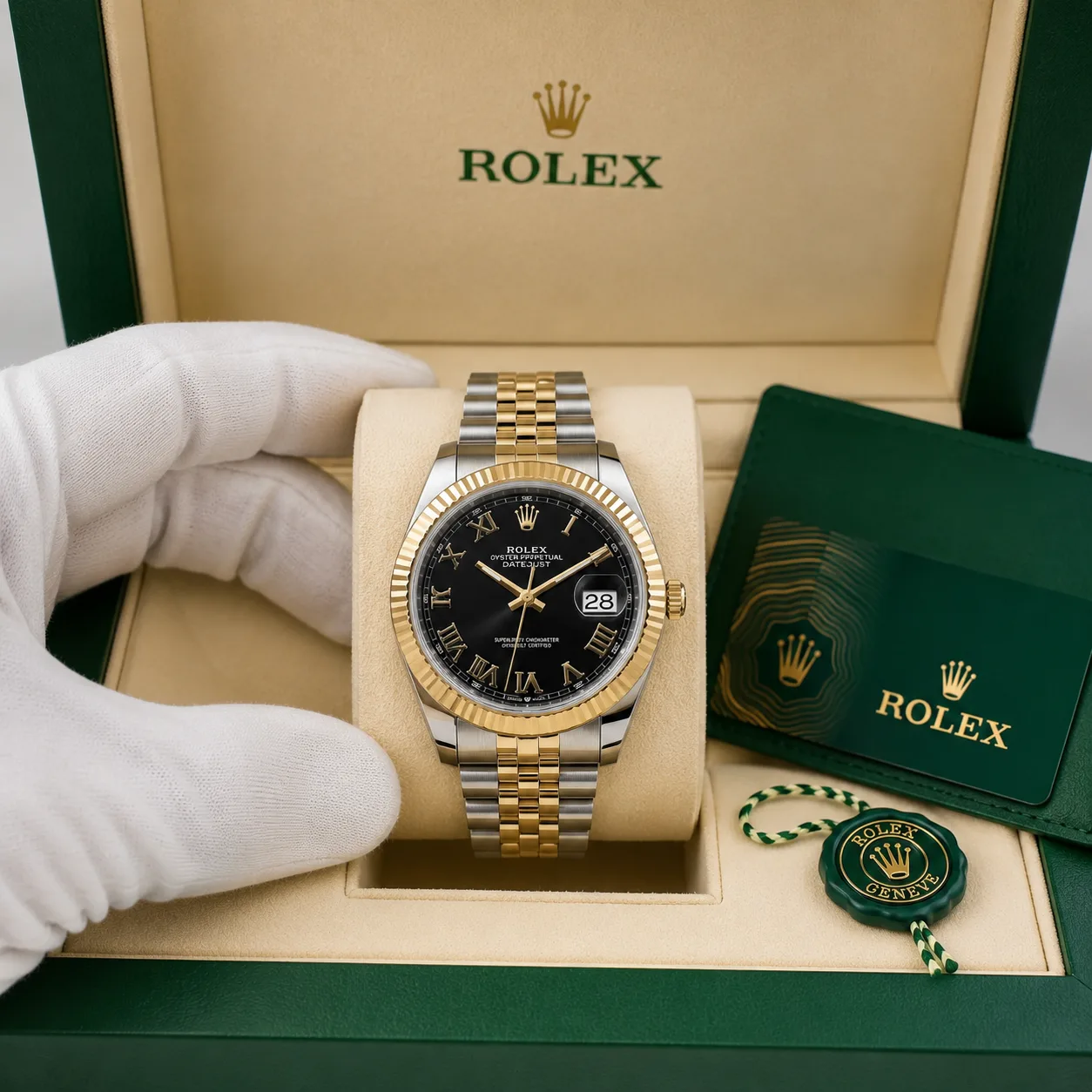 Rolex Datejust m126303-0020 41mm Black Dial Fluted Bezel 904L Stainless Steel and 18K Yellow Gold AI 头图 5 - 包装盒 [ai-shot:box-shot]