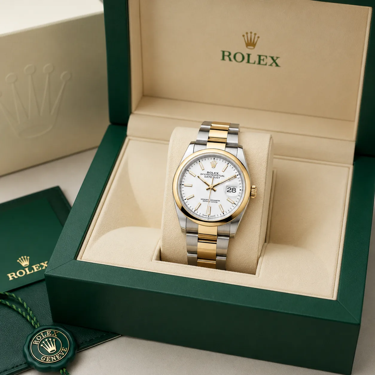 Rolex Datejust m126203-0020 36mm White Dial Smooth Bezel 904L Stainless Steel and 18K Yellow Gold AI 头图 5 - 包装盒 [ai-shot:box-shot]