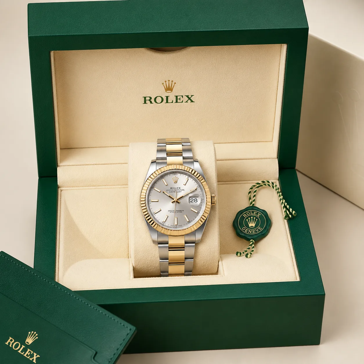 Rolex Datejust m126303-0001 41mm White Dial Fluted Bezel 904L Stainless Steel and 18K Yellow Gold AI 头图 5 - 包装盒 [ai-shot:box-shot]