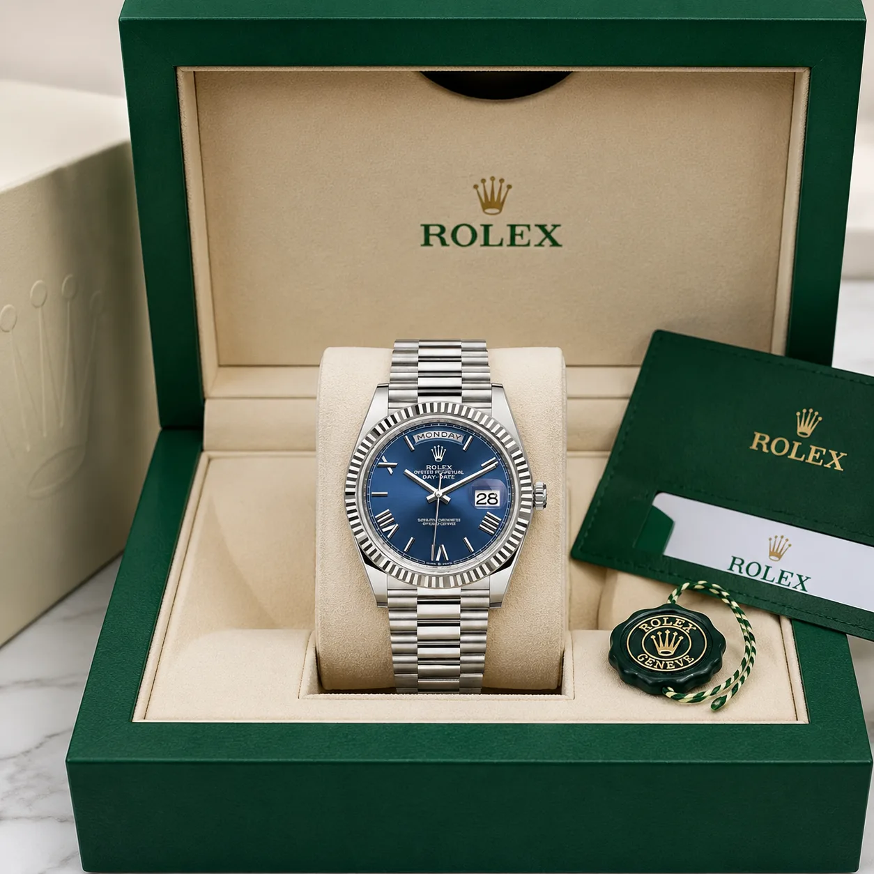 Rolex Day-Date m228236-0007 40mm Blue Dial Fluted Bezel 950 Platinum AI 头图 5 - 包装盒 [ai-shot:box-shot]