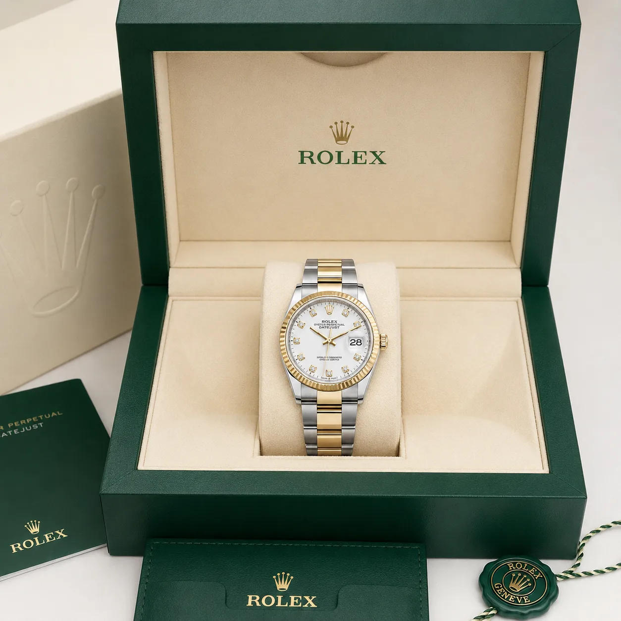 Rolex Datejust m126203-0044 36mm White Dial Fluted Bezel 904L Stainless Steel and 18K Yellow Gold AI 头图 5 - 包装盒 [ai-shot:box-shot]