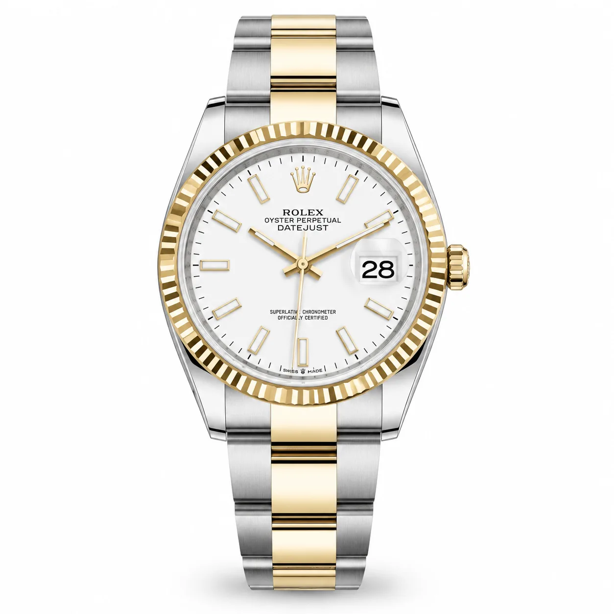 Rolex Datejust m126203-0044 36mm White Dial Fluted Bezel 904L Stainless Steel and 18K Yellow Gold AI 头图 1 - 白底全貌 [ai-shot:full-white]