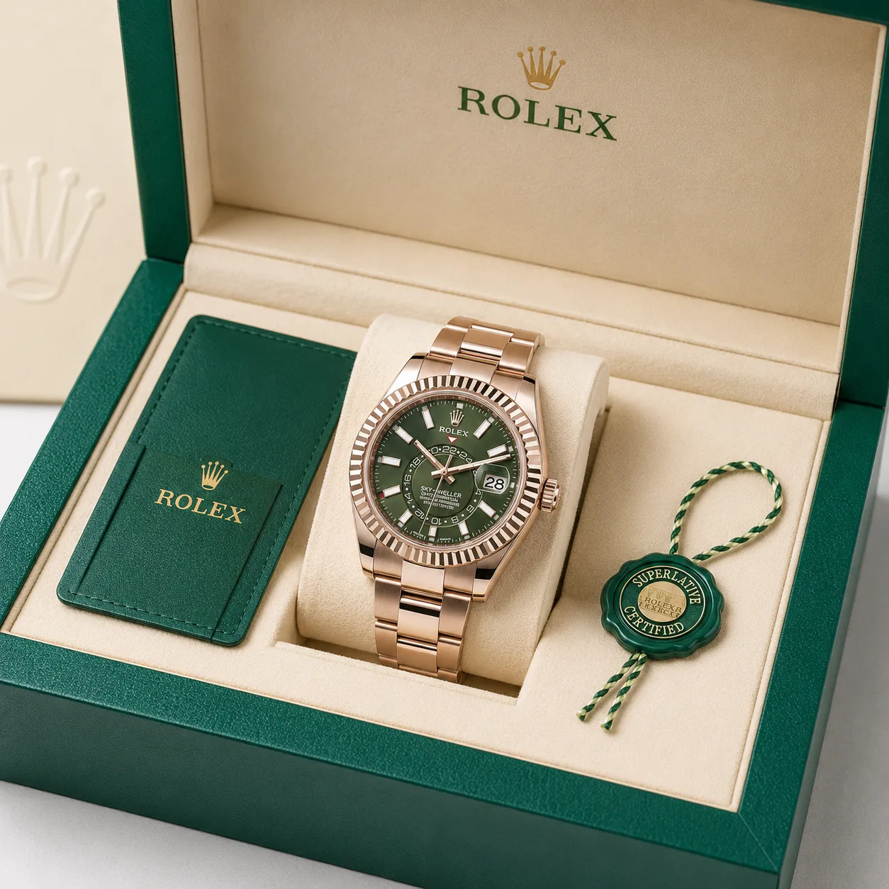 Rolex Sky-Dweller m326935-0006 42mm Green Dial Fluted Bezel 18K Everose Gold AI 头图 5 - 包装盒 [ai-shot:box-shot]