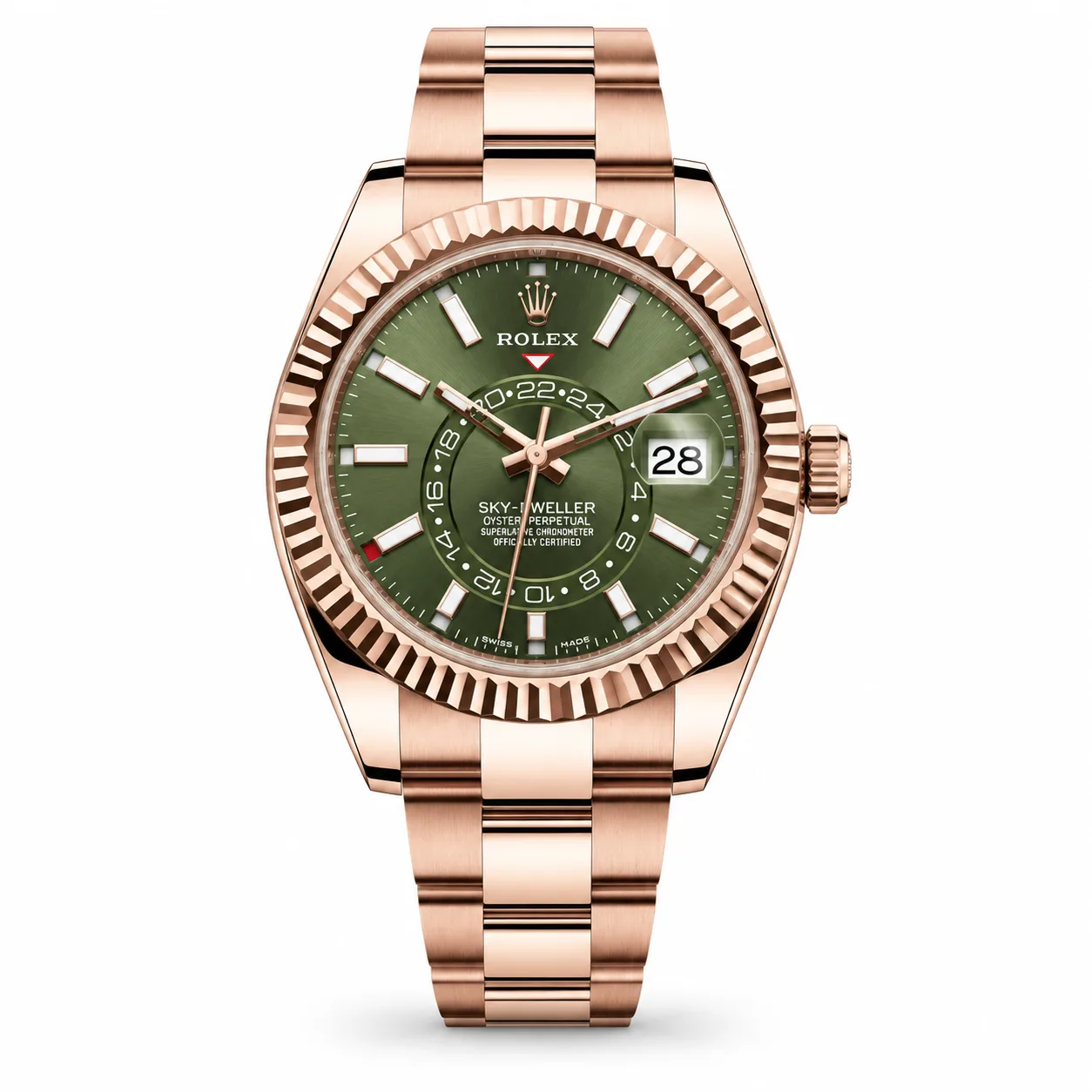 Rolex Sky-Dweller m326935-0006 42mm Green Dial Fluted Bezel 18K Everose Gold AI 头图 1 - 白底全貌 [ai-shot:full-white]