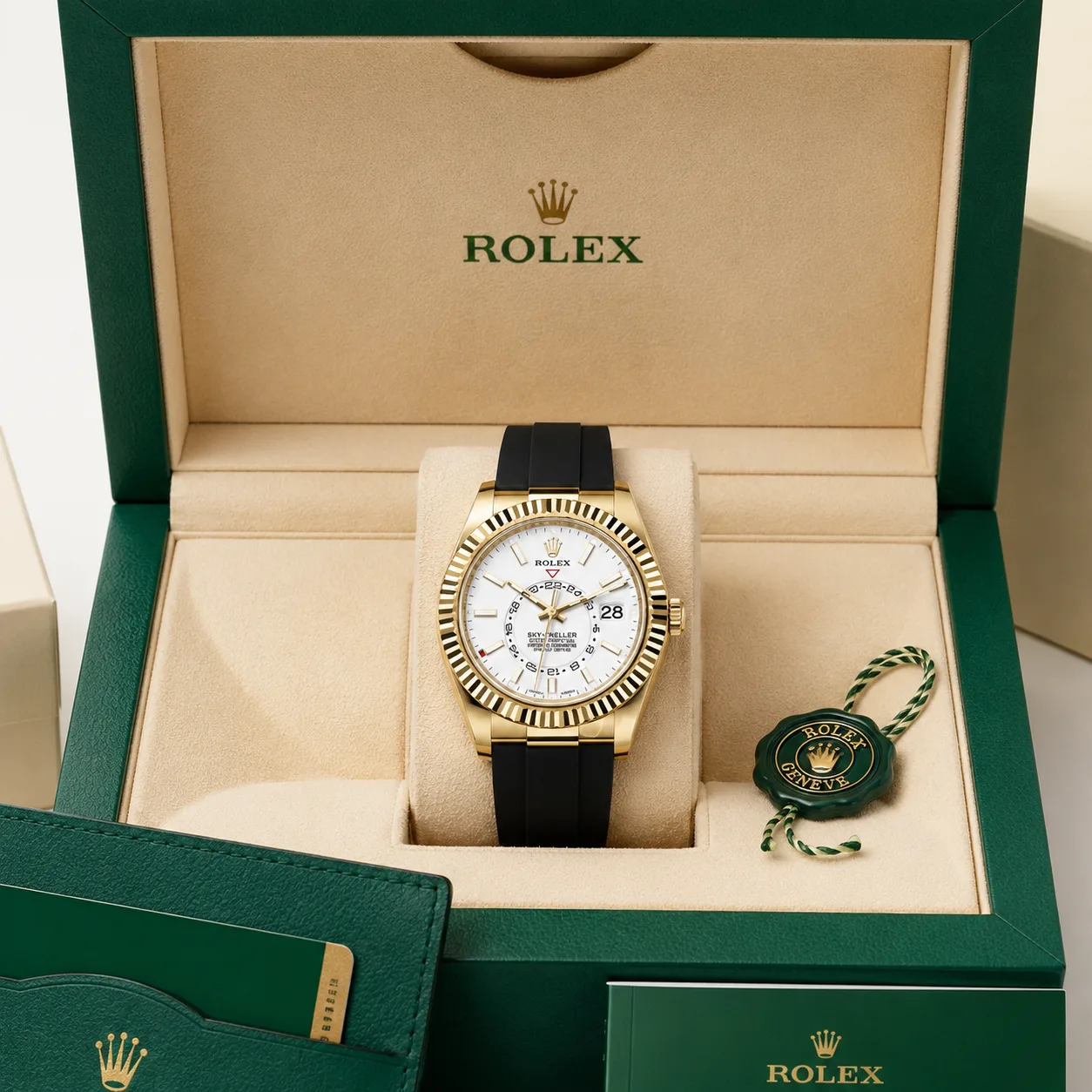 Rolex Sky-Dweller m326238-0006 42mm White Dial Fluted Bezel 18K Yellow Gold AI 头图 5 - 包装盒 [ai-shot:box-shot]