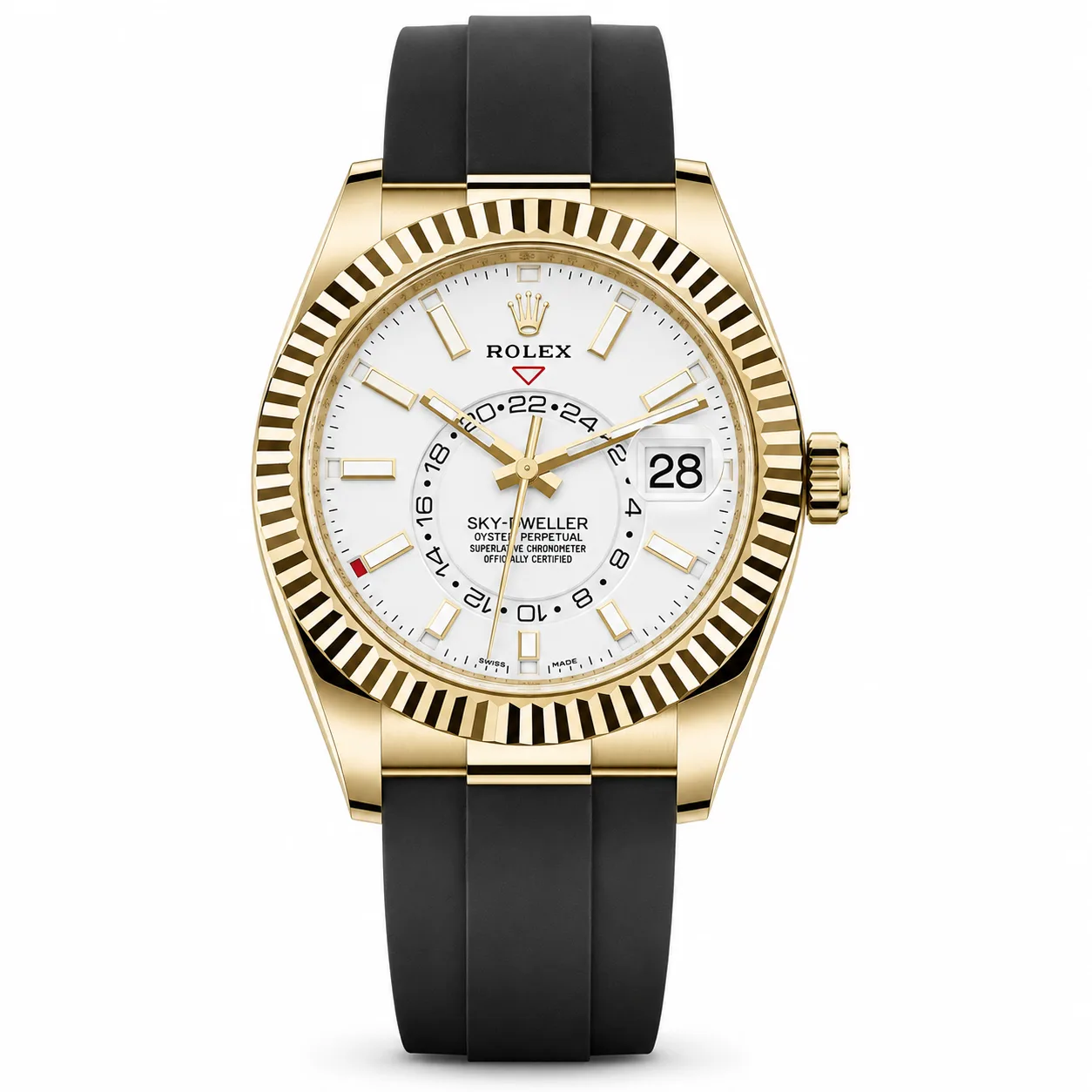 Rolex Sky-Dweller m326238-0006 42mm White Dial Fluted Bezel 18K Yellow Gold AI 头图 1 - 白底全貌 [ai-shot:full-white]