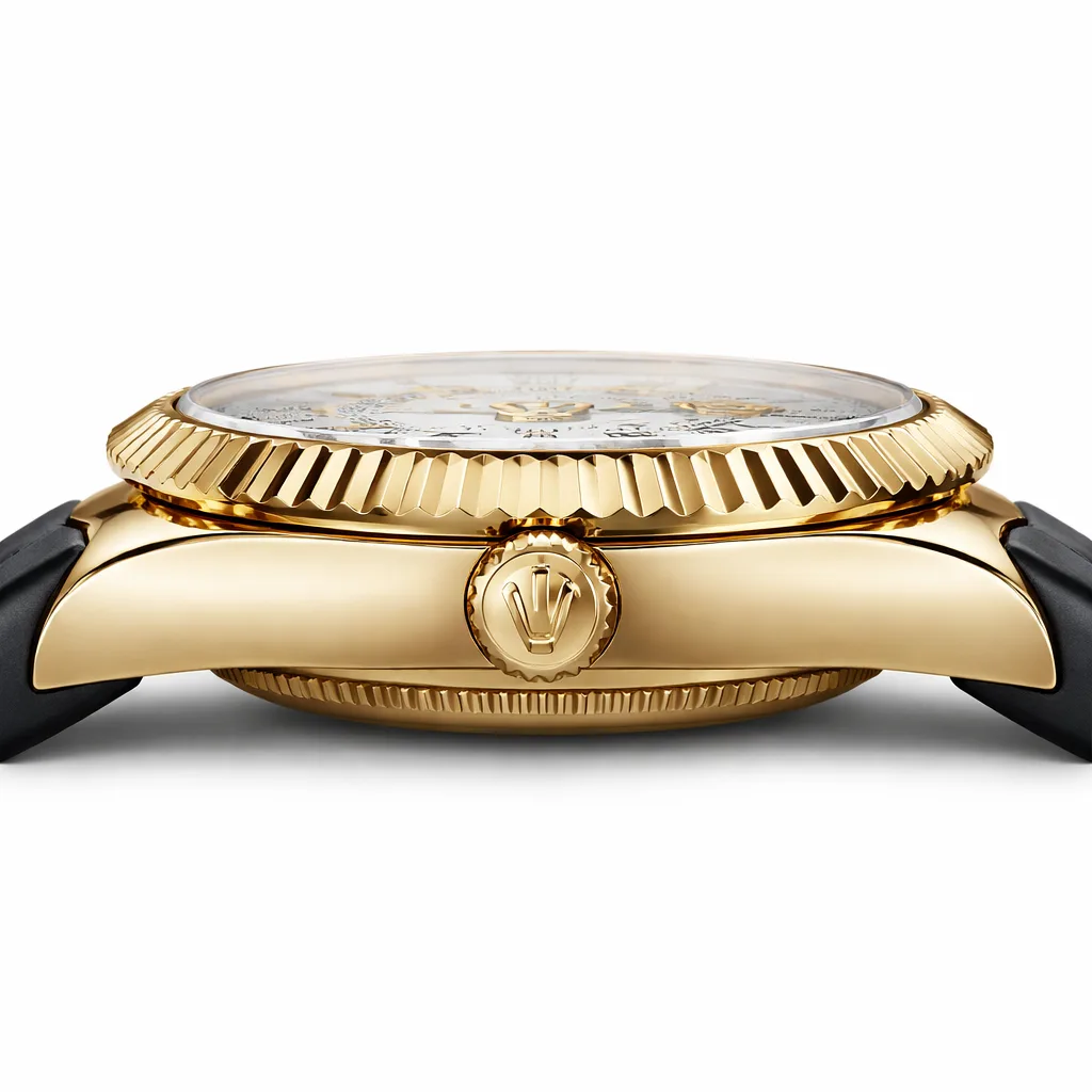 Rolex Sky-Dweller m326238-0006 42mm White Dial Fluted Bezel 18K Yellow Gold AI 头图 2 - 侧面细节 [ai-shot:side-detail]