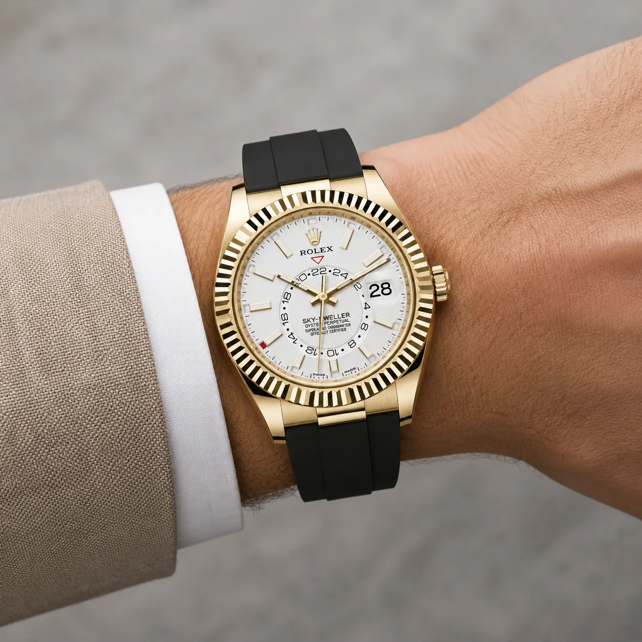 Rolex Sky-Dweller m326238-0006 42mm White Dial Fluted Bezel 18K Yellow Gold AI 头图 4 - 佩戴图 [ai-shot:wrist-shot]