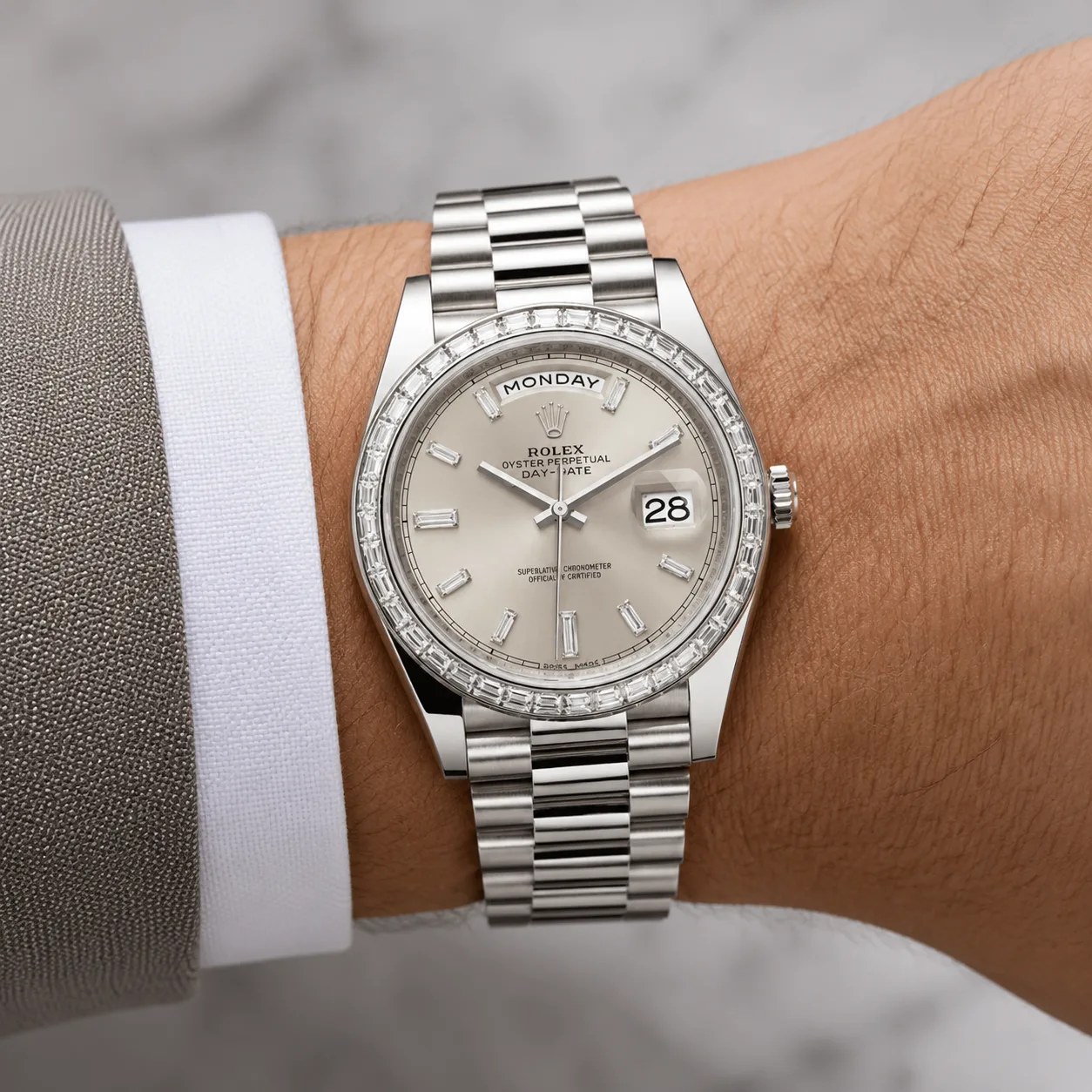 Rolex Day-Date m228396tbr-0011 40mm Cal.3255 / T 950 Platinum AI 头图 4 - 佩戴图 [ai-shot:wrist-shot]