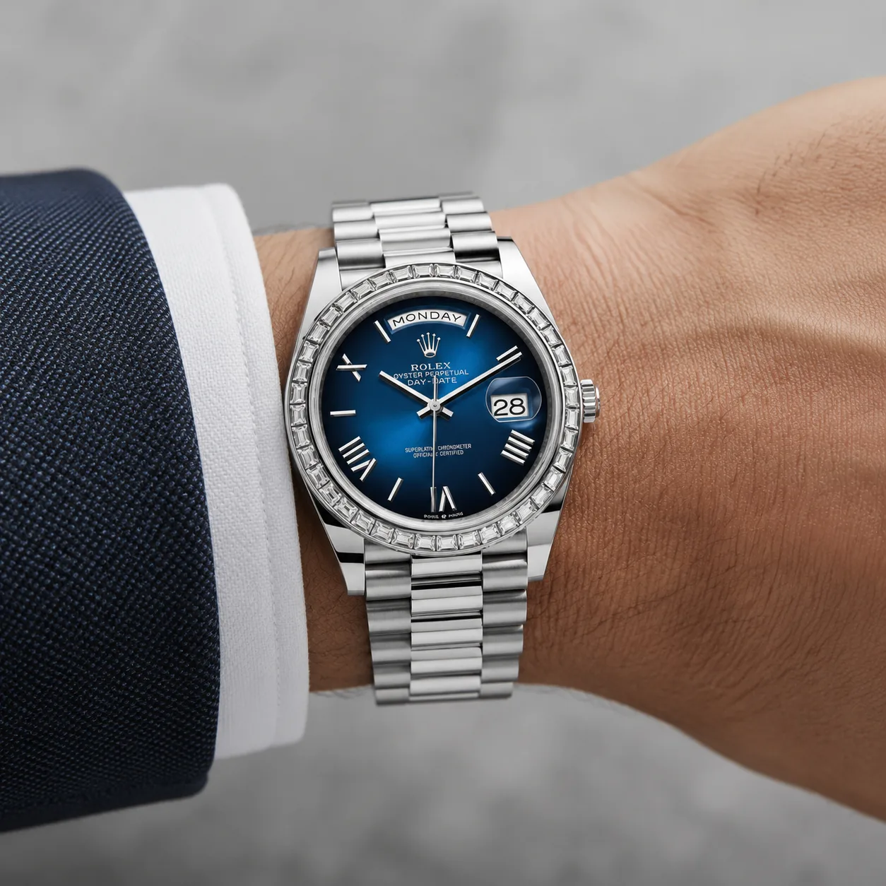 Rolex Day-Date m228396tbr-0042 40mm Blue Dial T 950 Platinum AI 头图 4 - 佩戴图 [ai-shot:wrist-shot]