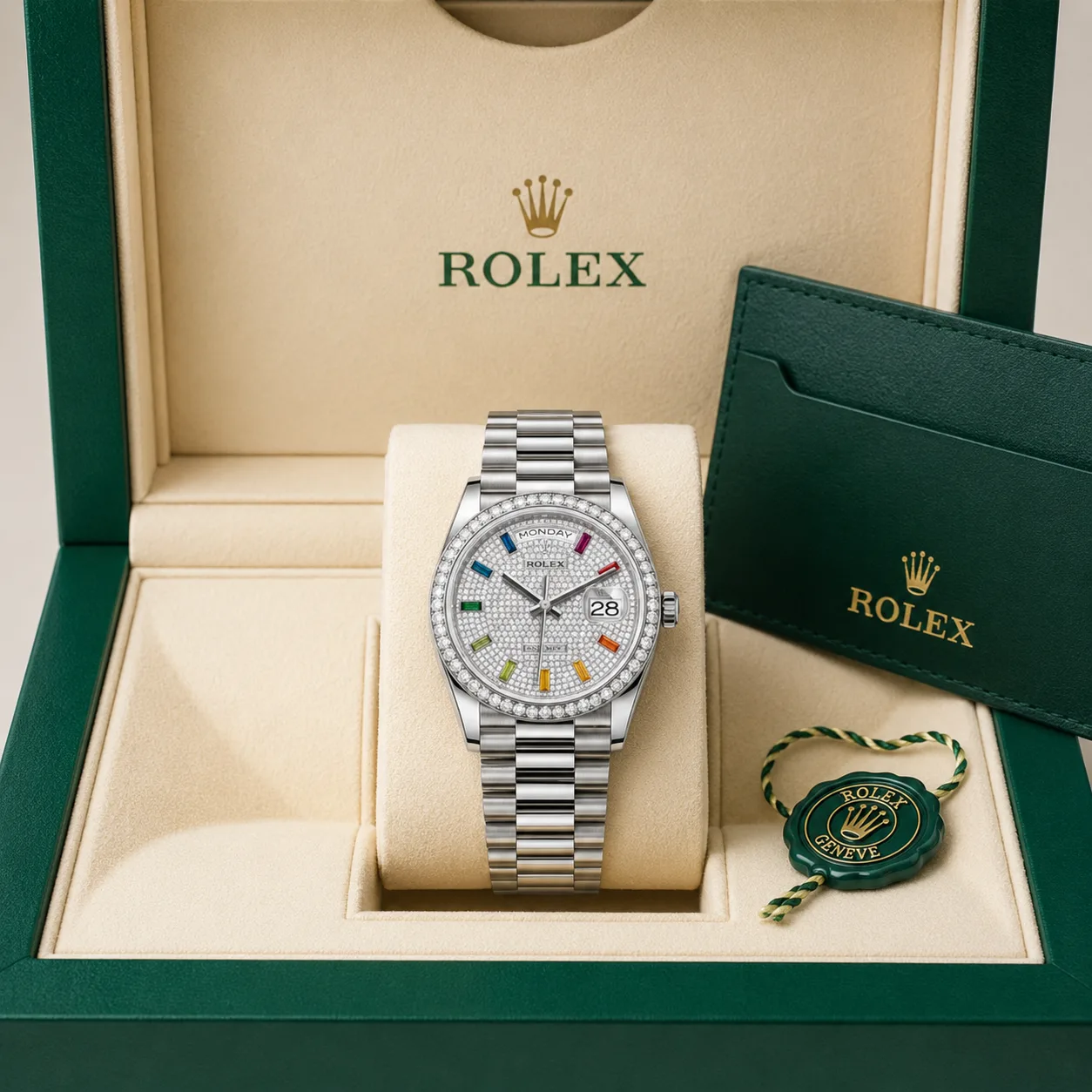 Rolex Day-Date m128349rbr-0006 40mm Silver Dial Diamond-Set Bezel 18K White Gold AI 头图 5 - 包装盒 [ai-shot:box-shot]