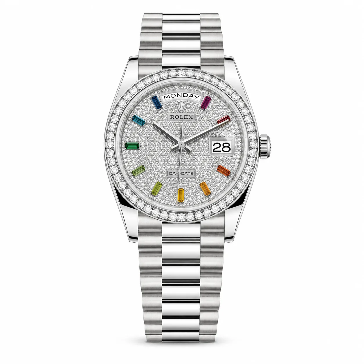 Rolex Day-Date m128349rbr-0006 40mm Silver Dial Diamond-Set Bezel 18K White Gold AI 头图 1 - 白底全貌 [ai-shot:full-white]