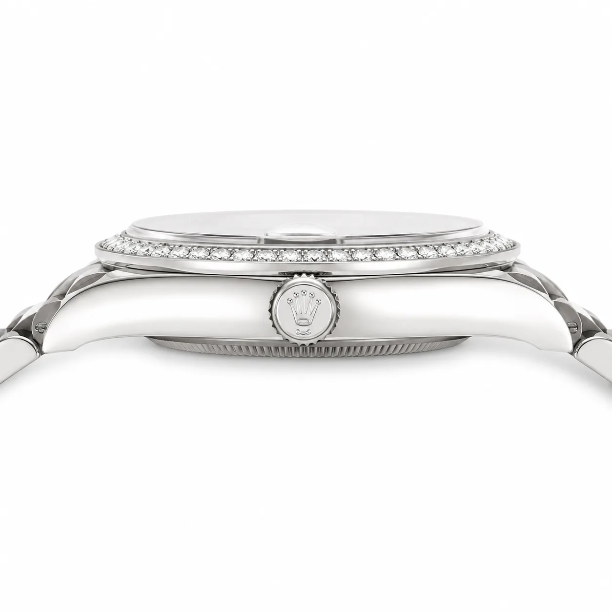 Rolex Day-Date m128349rbr-0006 40mm Silver Dial Diamond-Set Bezel 18K White Gold AI 头图 2 - 侧面细节 [ai-shot:side-detail]